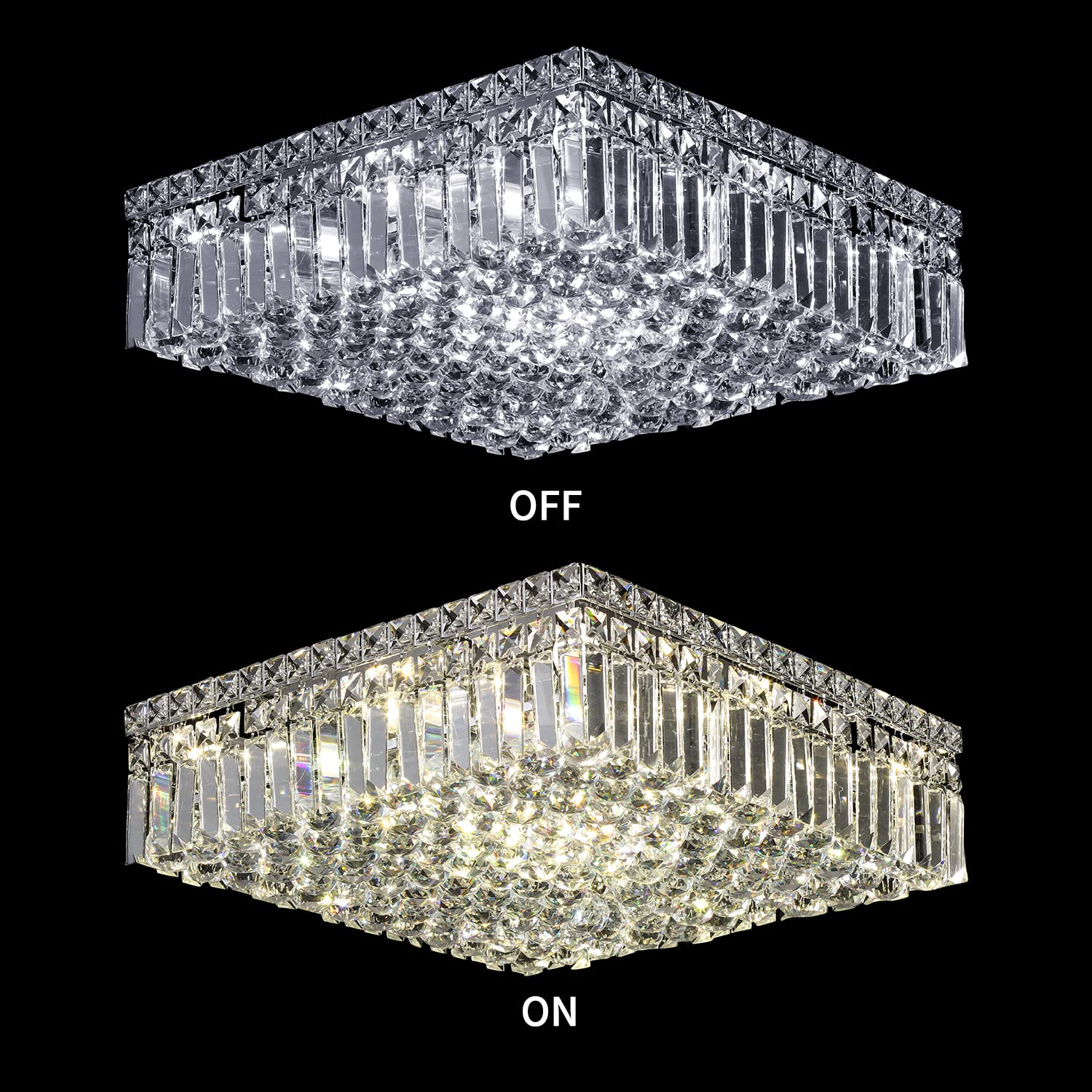 12-Lights Modern Flush Mount Ceiling Light Fixture - Elegant Crystal Chandelier for Bedroom, Living Room, Dining Room - Square LED Pendant Lamp (20