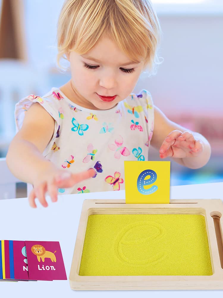 Montessori Wooden Sand Tray Set - Kids Writing & Drawing Educational Toy with Sand Scraping Box & Pencil - Learn Letters & Numbers - Perfect for Preschool Classroom & Homeschool Learning Activities