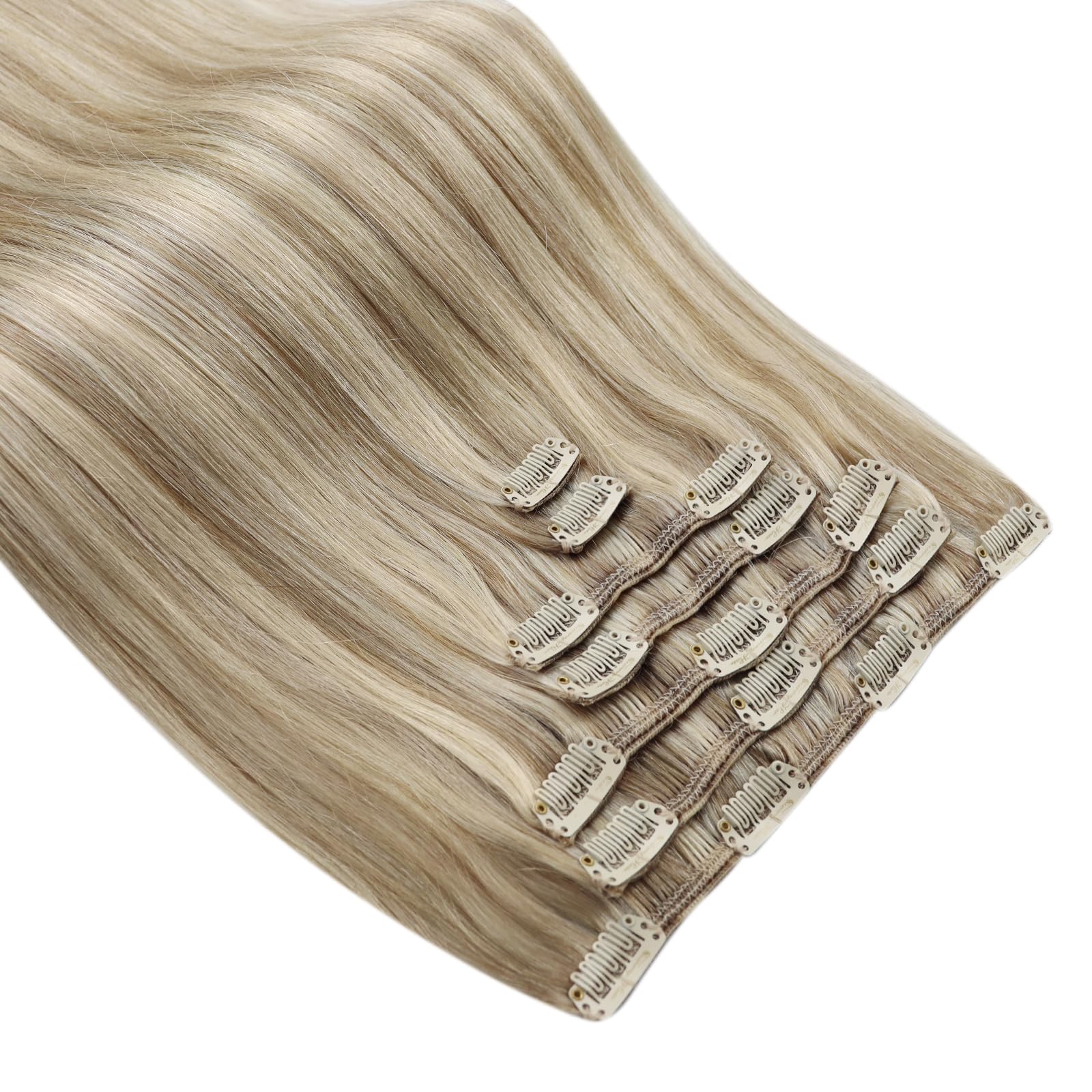 Ve Sunny 22 Inch Human Hair Clip In Extensions - Blonde Highlights with Golden Blonde Shades (120g, 7pcs) for Weddings, Parties & Special Events | Natural Look for Daily Wear & Styling