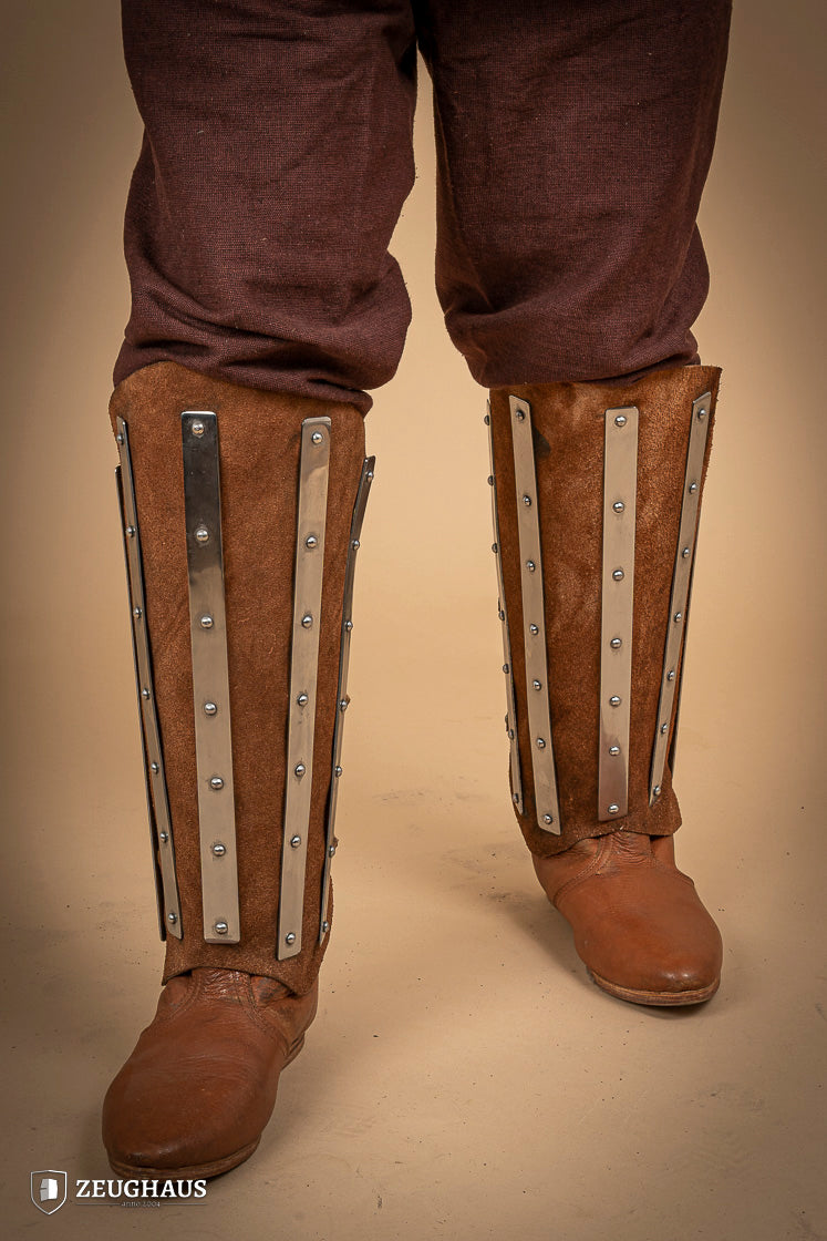Premium Brown Suede Leather Greaves with Splints - Medieval Armor for LARP, Cosplay & Renaissance Fairs - Perfect for Knights & Warriors