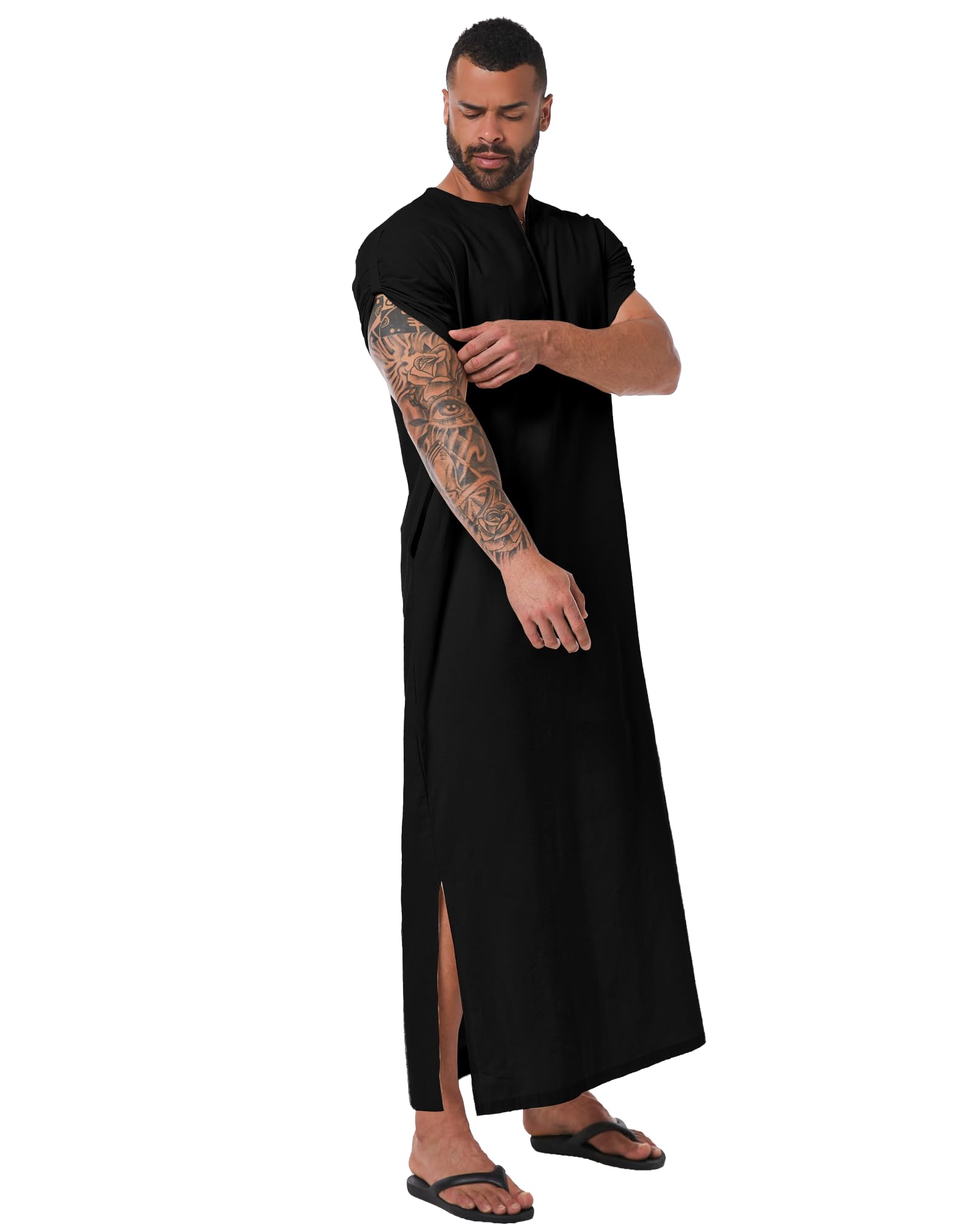 YAOHUOLE Men's Islamic Thobe - Short Sleeve Arabic Robe with Pocket - Traditional Muslim Clothing for Prayer, Eid & Daily Wear