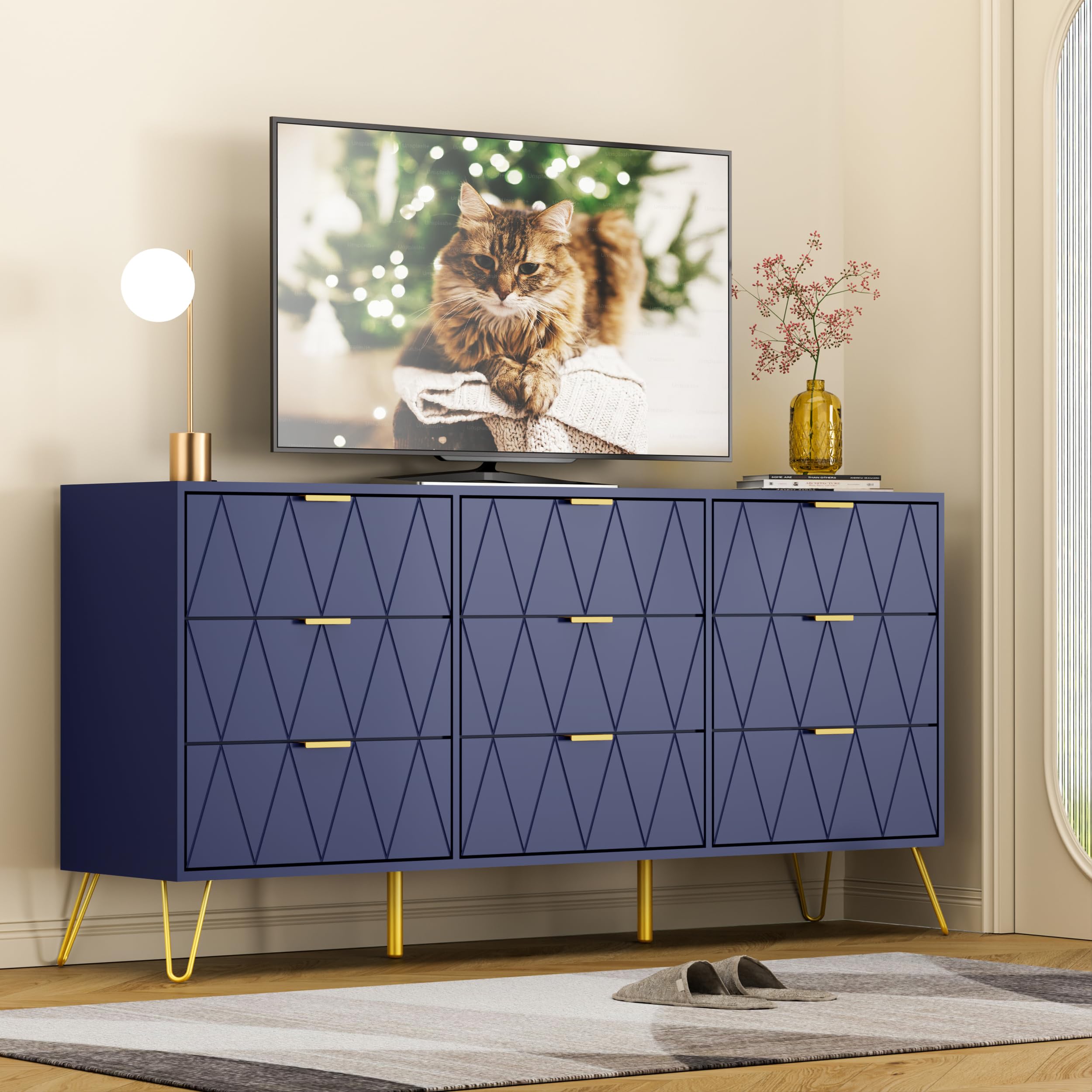 Anbuy 3-Piece Navy Blue Bedroom Furniture Set - 9-Drawer Dresser & 2 Nightstands with 2 Drawers Each, Solid Wood Bedroom Storage for Master Bedroom, Guest Room or Dorm Organization