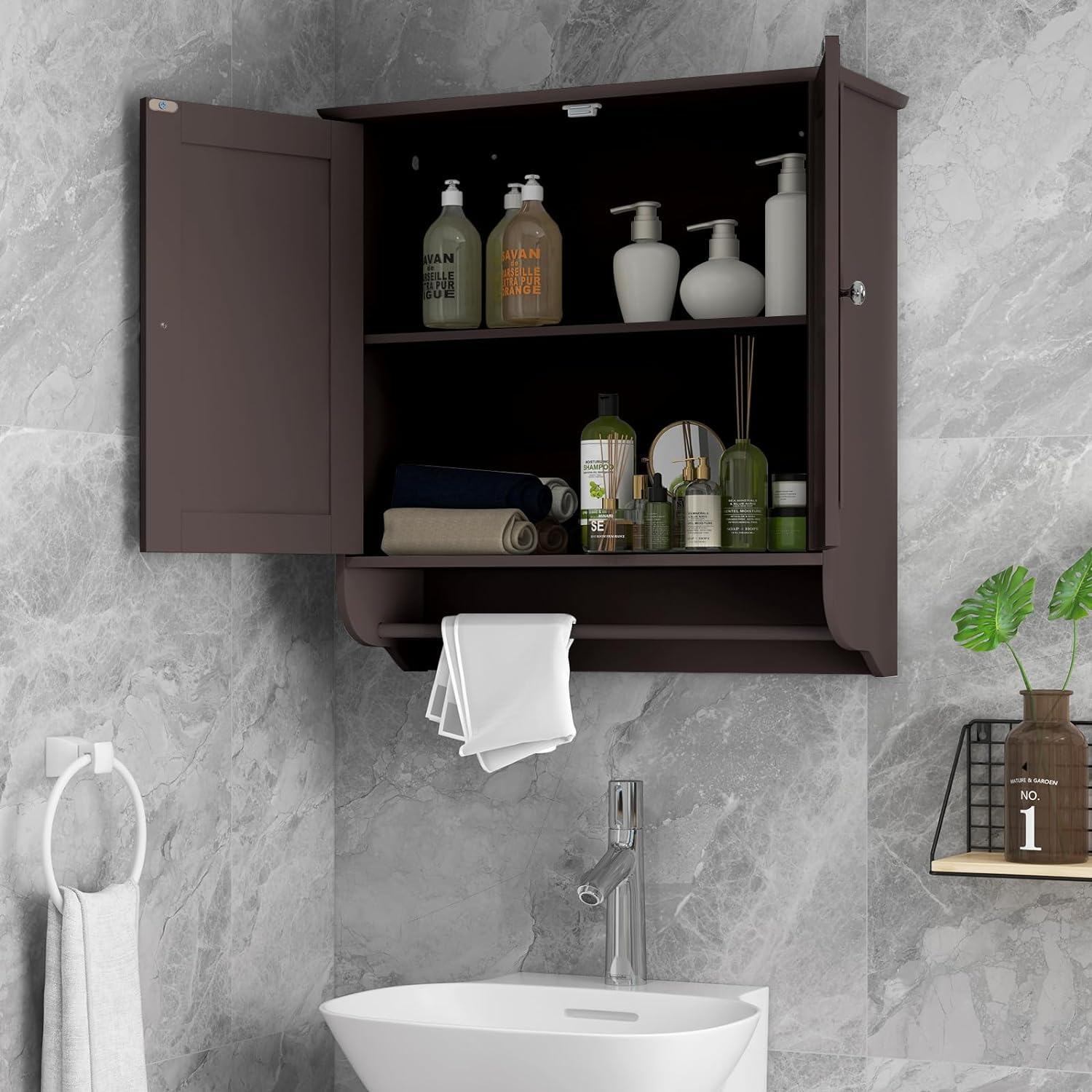 Modern Brown FCH Two-Door Bathroom Storage Cabinet with Upper & Lower Shelves - Kitchen Cupboard, Entryway Organizer for Bathroom, Bedroom & Living Room Storage Solutions