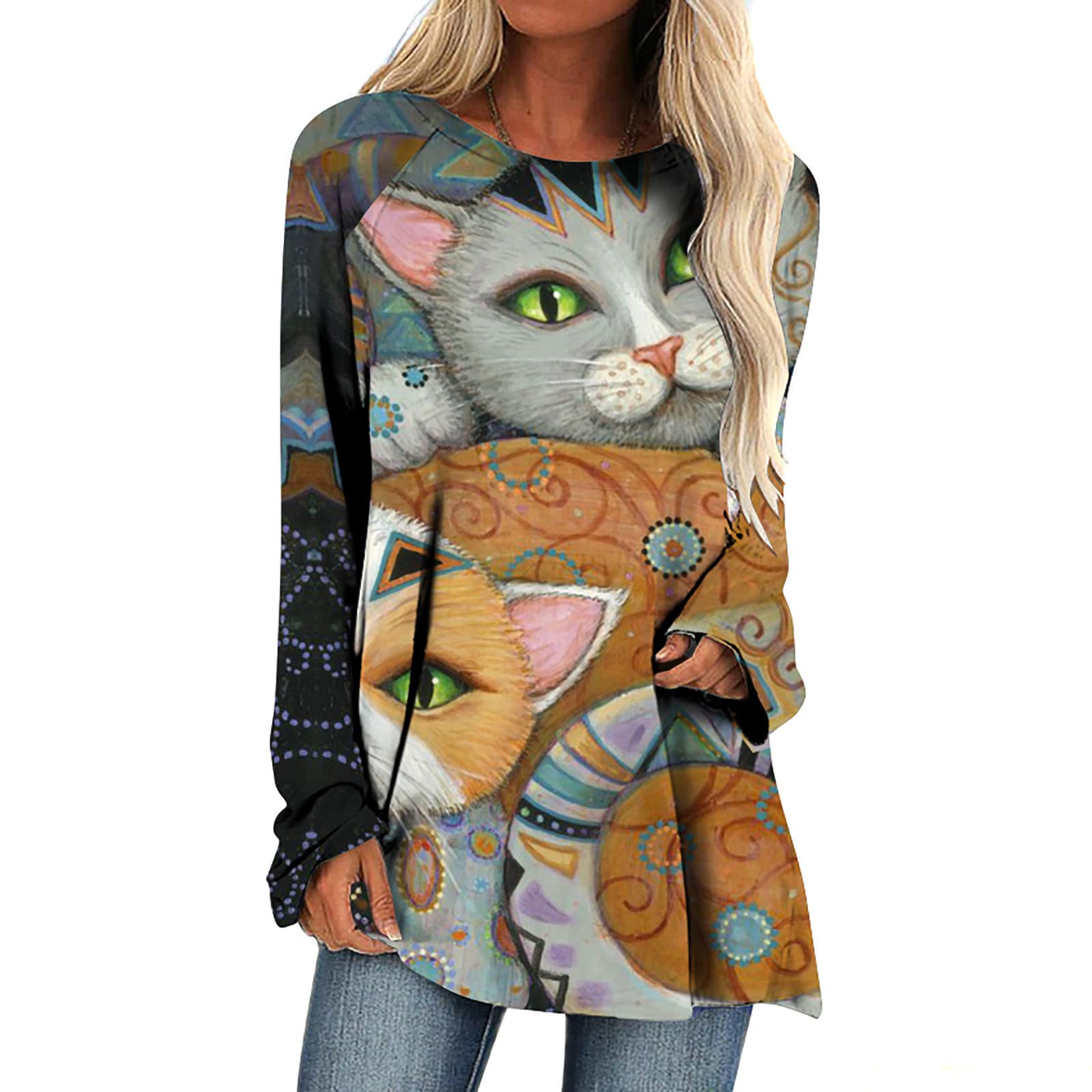 Cute Cat Graphic Long Sleeve Tunic Top for Women - Casual Loose Blouse to Wear with Leggings | Fall Fashion Basic Tee for Work, Weekend & Daily Outfits
