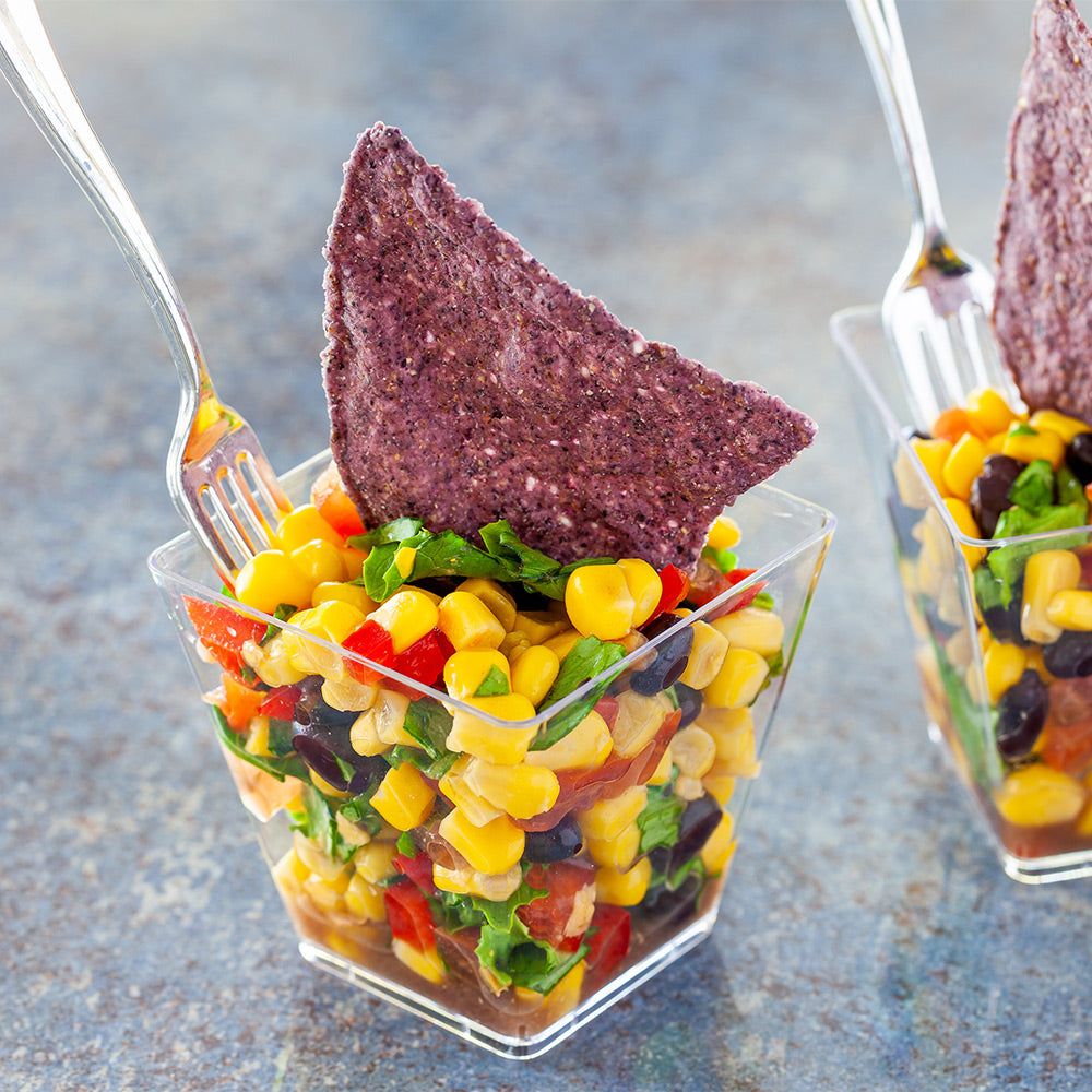 100 Pack 5 oz Square Clear Plastic Kova Cups with 100 Silver Mini Spoons - Perfect for Parties, Events, and Catering