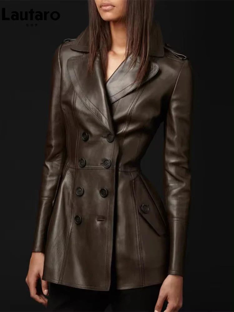 Women's Autumn Fitted Coffee-Colored PU Leather Blazer Jacket with Skirt - Long Sleeve Double Breasted European Style Fashion Coat for Office, Dating & Fall Outfits
