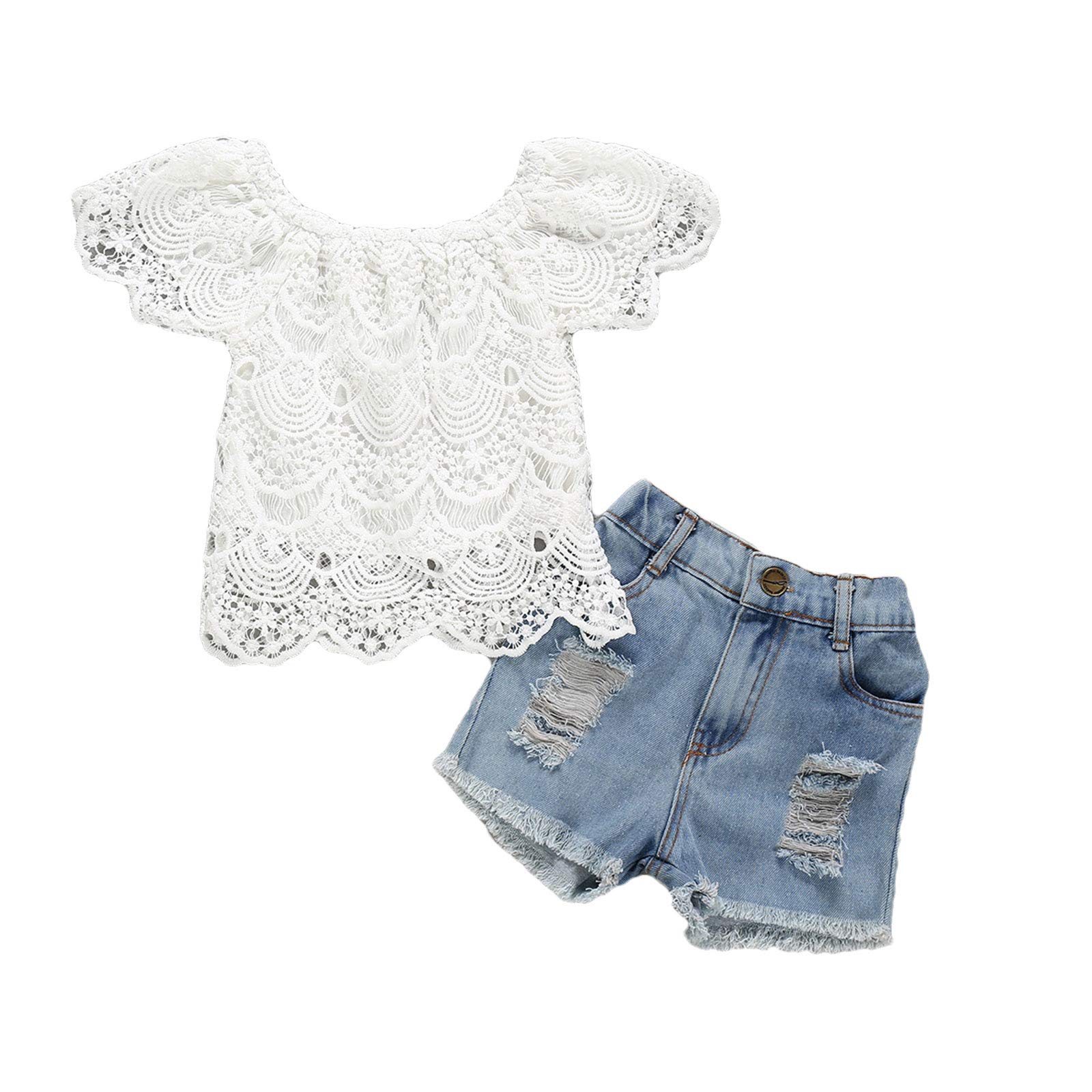 Adorable Infant Baby Girl Summer Outfits - Lace Ruffle Short Sleeve Top & Ripped Denim Shorts Set | Cute Toddler Clothes for Beach, Park & Playdates