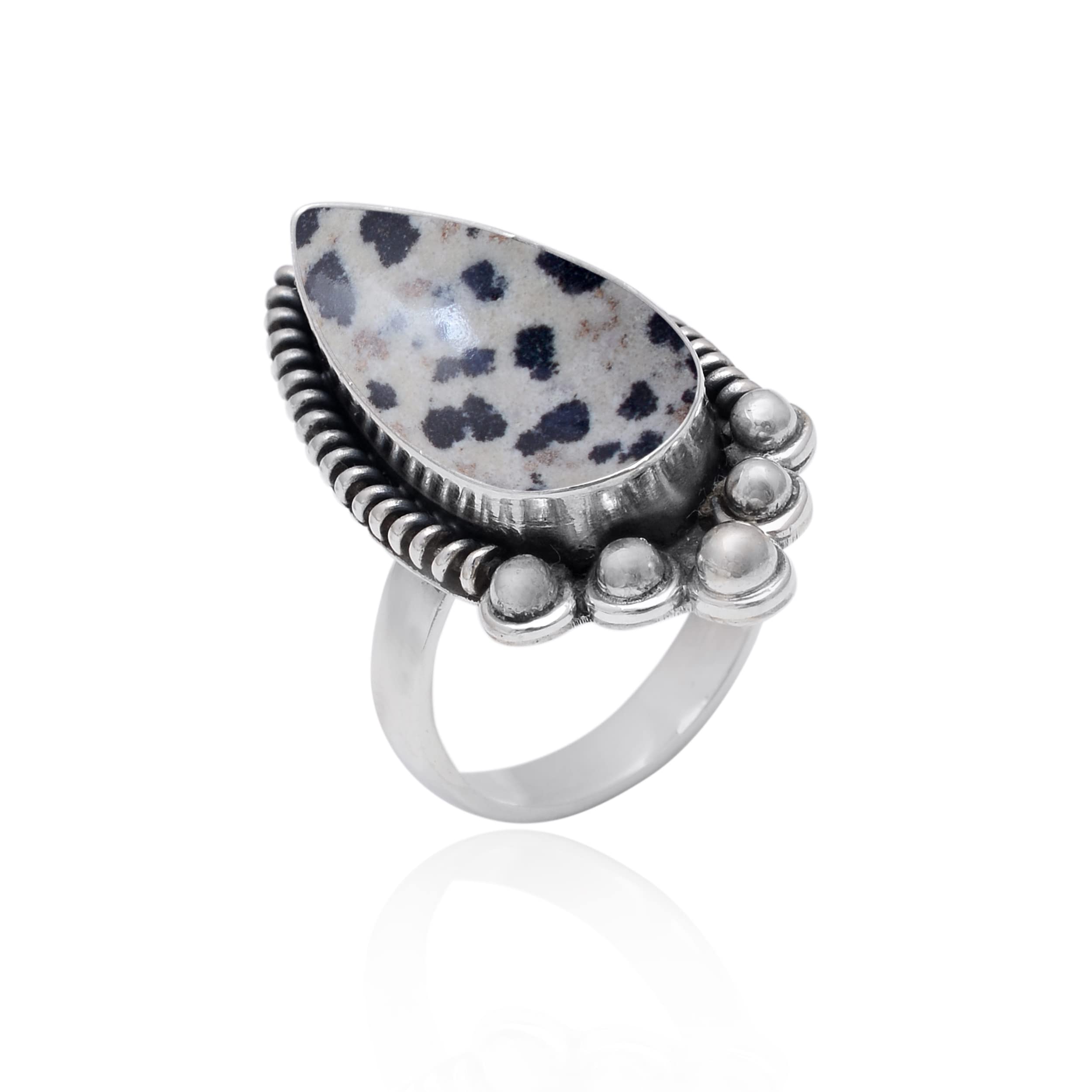 Veracity Jewelry Dalmatian Jasper Rings for Women - 925 Sterling Silver Healing Meditation Jewelry with Natural Black & White Gemstone - VSR-486 | Spiritual Gifts, Yoga Accessories & Boho Fashion Statement