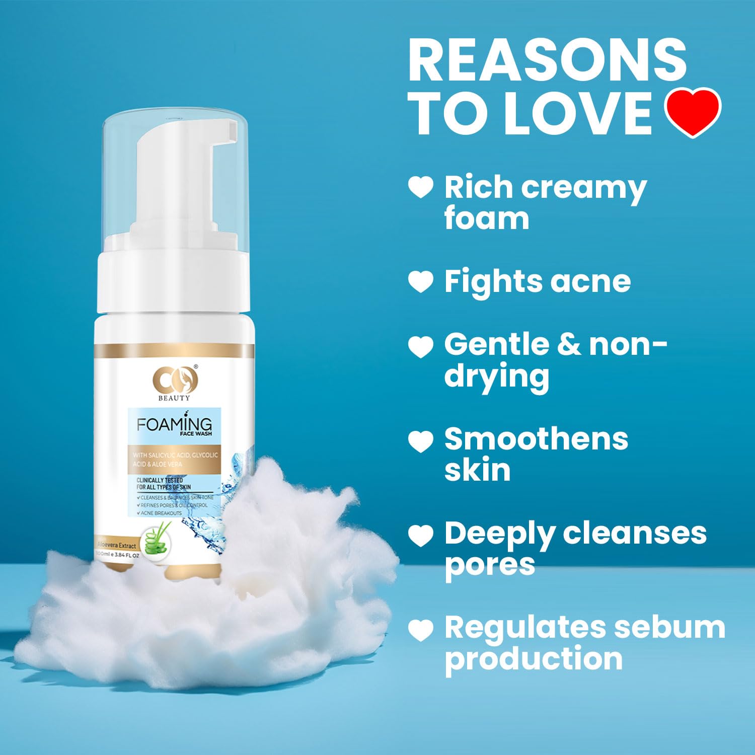 CO Beauty 1% Salicylic Acid & 1% Glycolic Acid Foaming Face Wash - Oil Control & Acne Treatment Cleanser for Oily Skin, Men & Women (100ml) | Perfect for Daily Skincare Routine & Preventing Breakouts