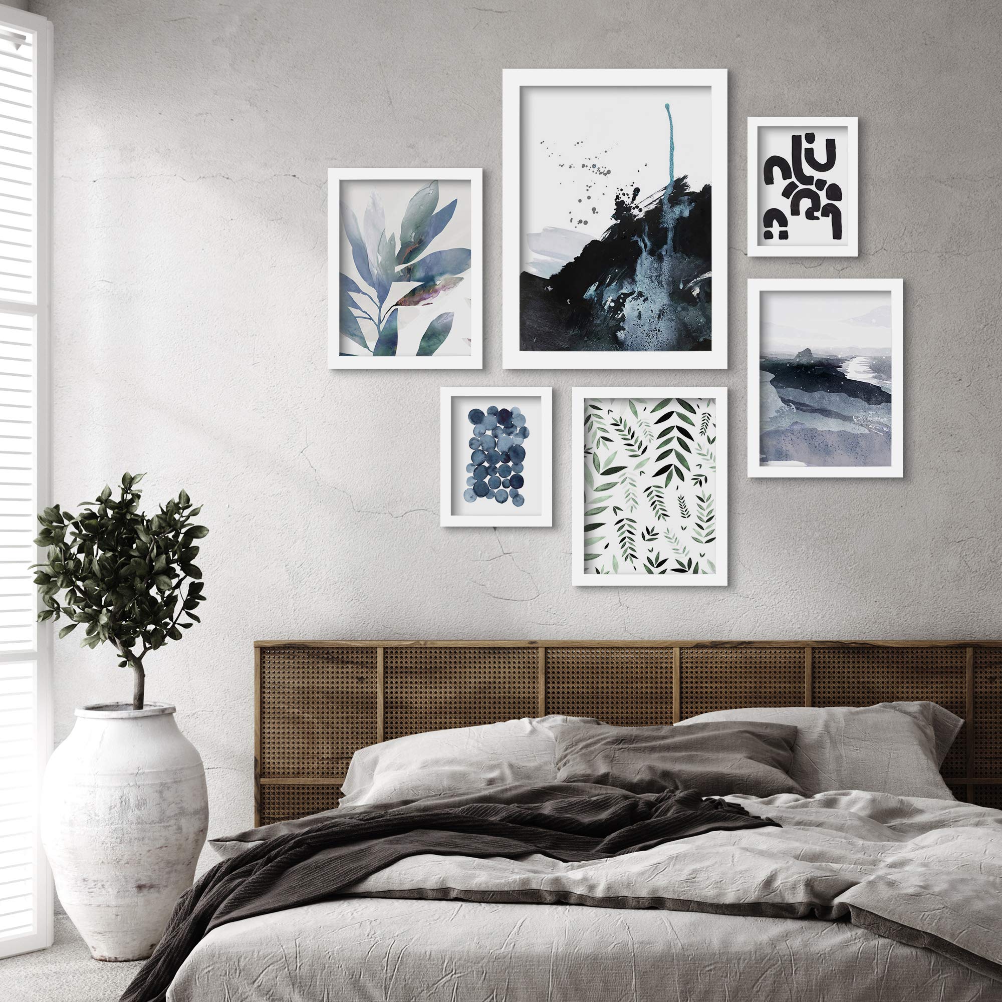 Americanflat Blue Monochrome Watercolor Botanical 6-Piece Framed Wall Art Set - Perfect for Living Room, Bedroom & Office Decor