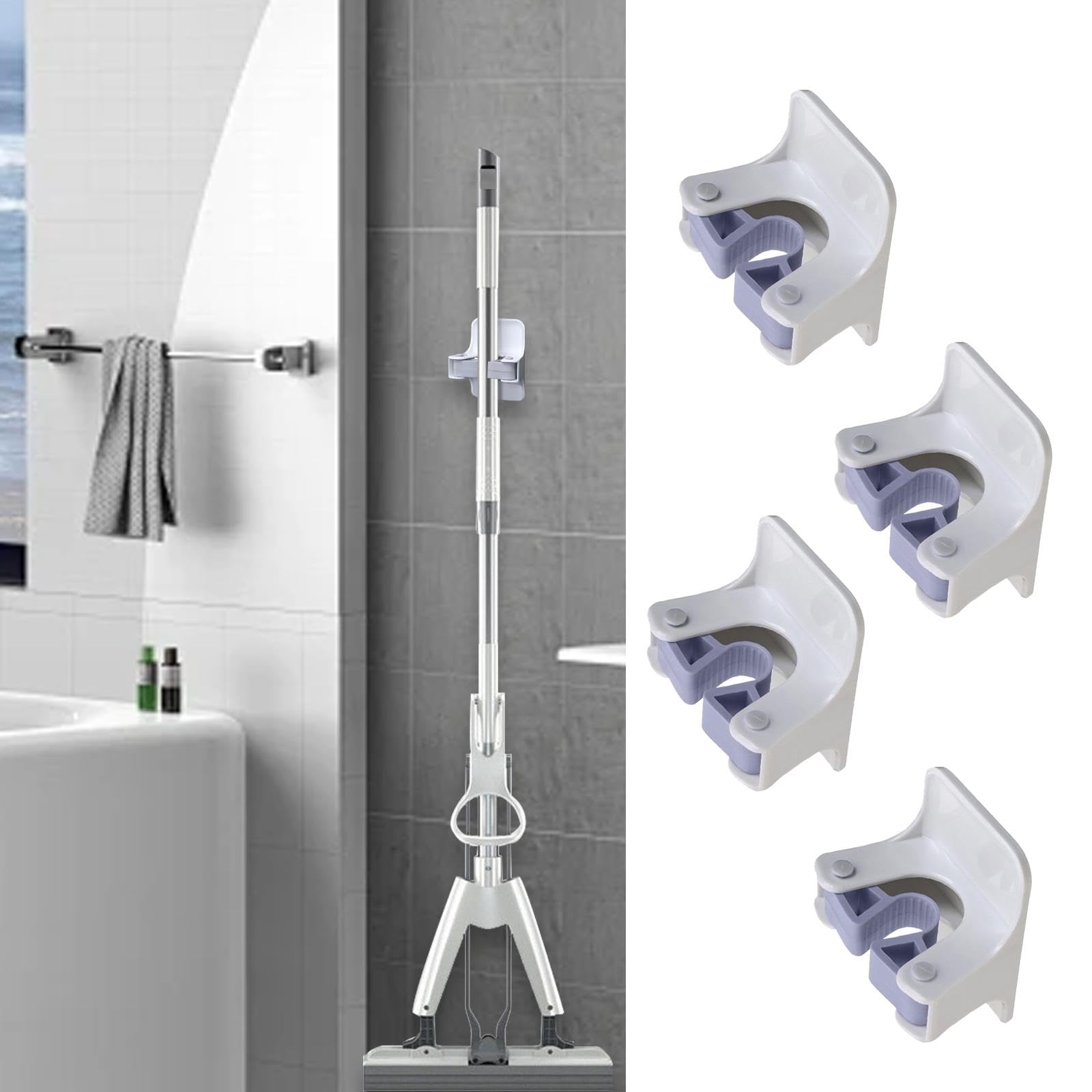 4-Pack Wall Mount Mop Holder - Rustic Brush Hanger Rack with Hooks for Closet, Bathroom, Kitchen & Garage Organization - Space Saving Home Tools Storage Solution