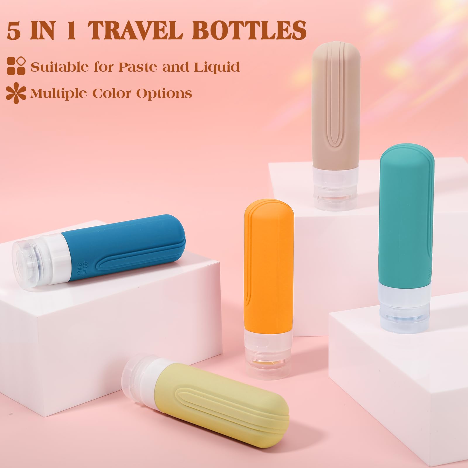 5 Pack TSA Approved Leak Proof Silicone Travel Bottles for Shampoo & Conditioner - 3oz Refillable Toiletry Containers for Airplane Travel, Gym, Camping & Vacation Essentials