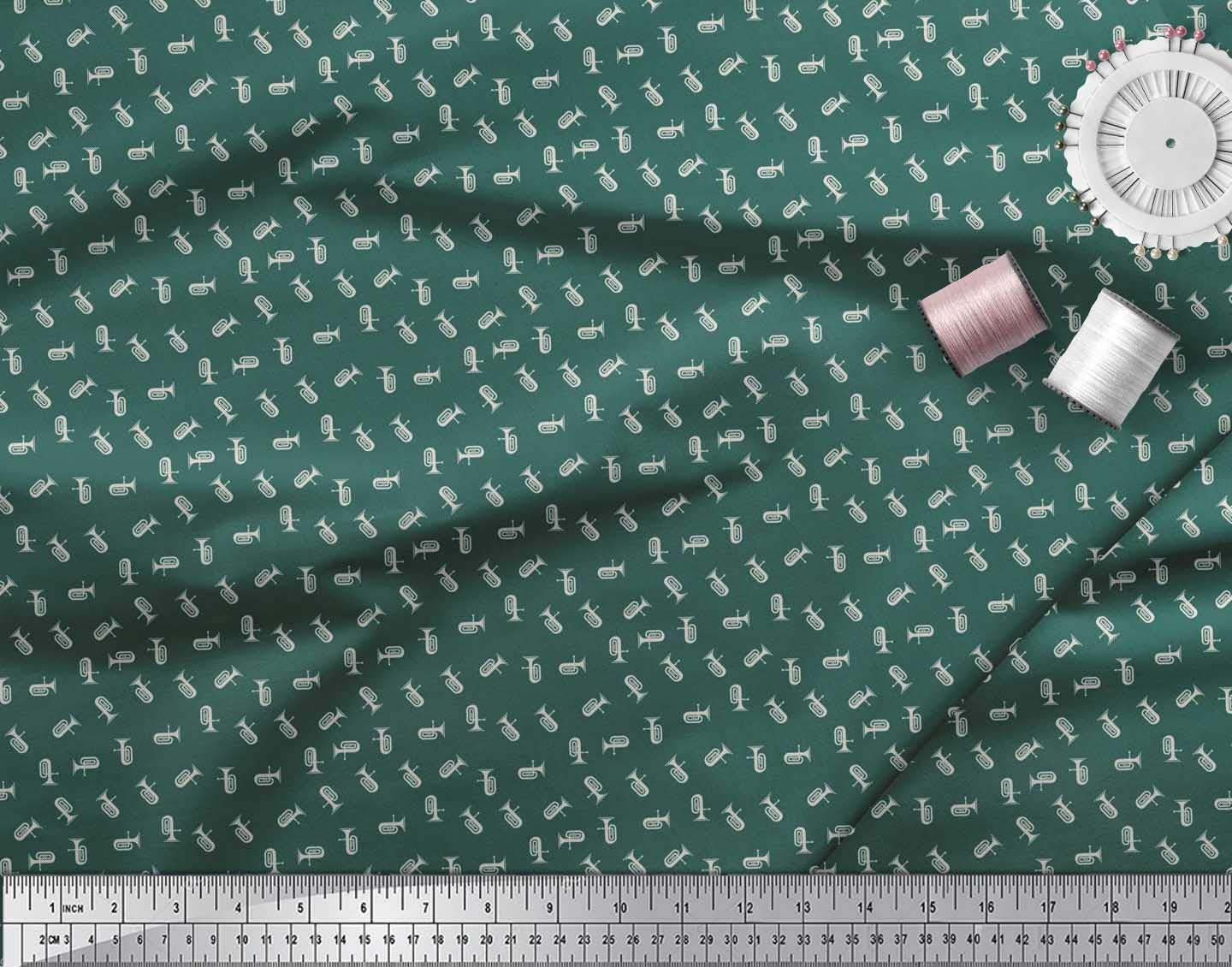 Soimoi Moss Georgette Brown Fabric by The Yard - 42 Inch Wide Printed Cotton Fabric with Tuba Musical Instrument Design for DIY Clothing, Dresses, and Home Decor Projects - Perfect for Musicians and Music Lovers