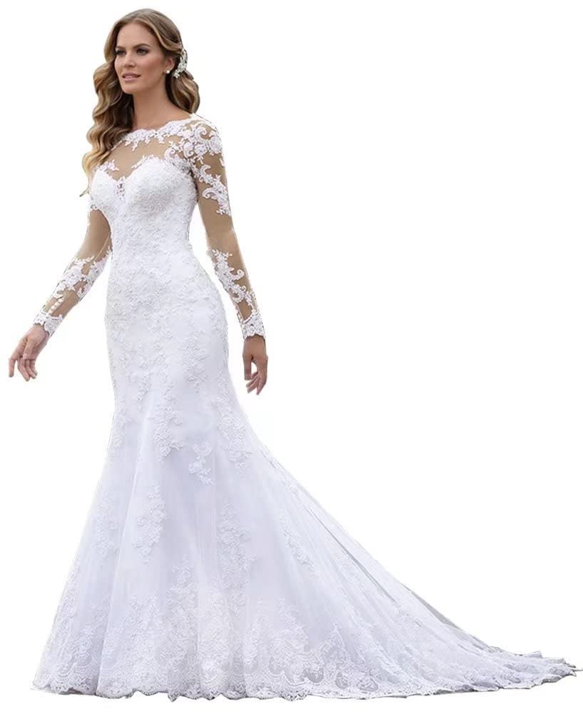 Elegant Lace Mermaid Wedding Dress for Bride 2024 - Long Sleeve Sweep Train Bridal Gown with Applique Details | Perfect for Beach, Church, and Formal Wedding Ceremonies