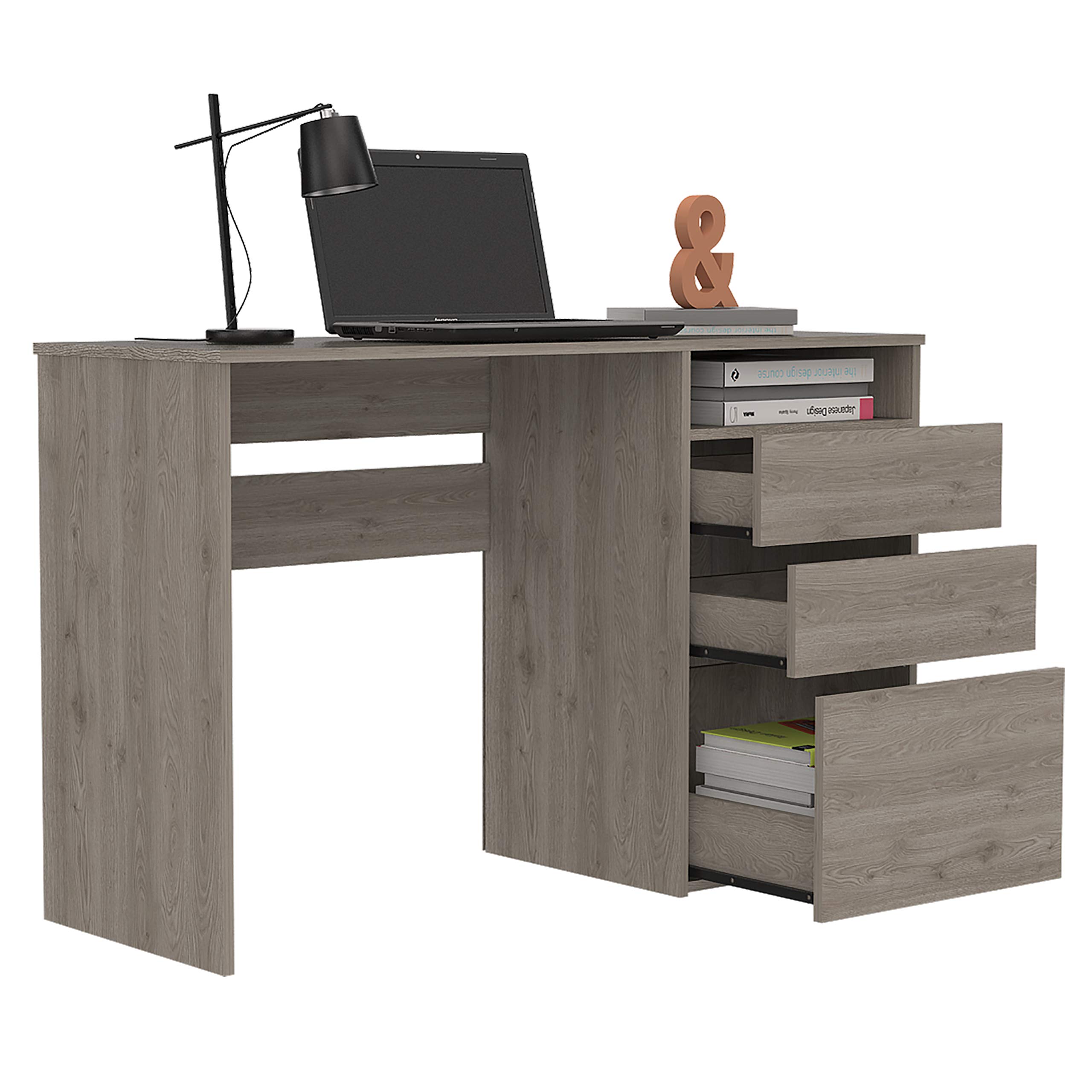 Kenai Computer Desk with 3 Drawers & Open Shelf - Light Gray Home Office Desk for Small Spaces, Gaming & Study - Sturdy Writing Desk with Storage
