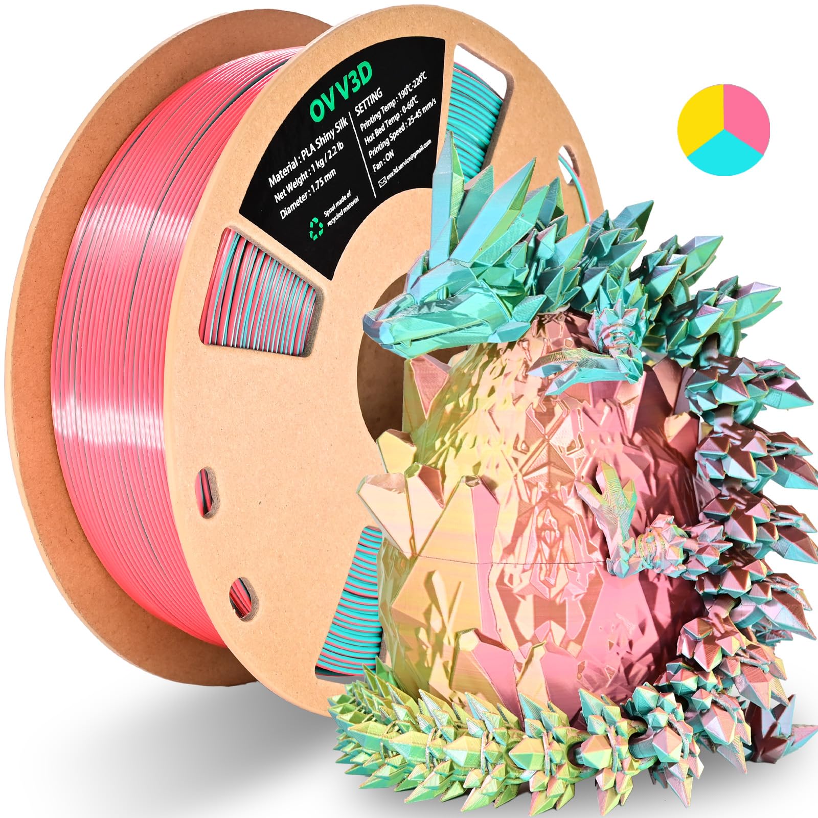 OVV3D PLA Filament 1.75mm Tri-Color Silk Rainbow 3D Printer Filament - Sky Blue, Pink & Yellow - High Precision +/-0.02mm, 1kg/2.2lbs for DIY Crafts, Cosplay Props & Home Decor Projects