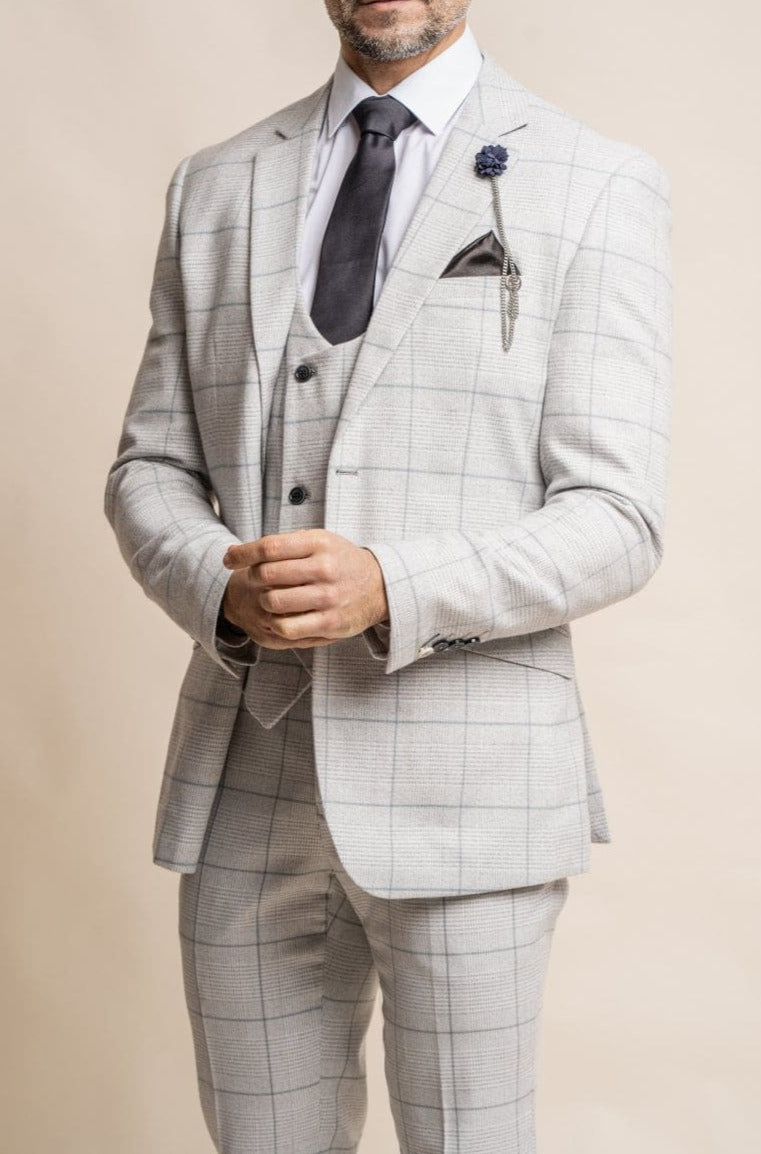 Cavani Radika 3-Piece Light Gray Check Tweed Suit for Men - Formal Business Attire, Office Wear & Wedding Outfit