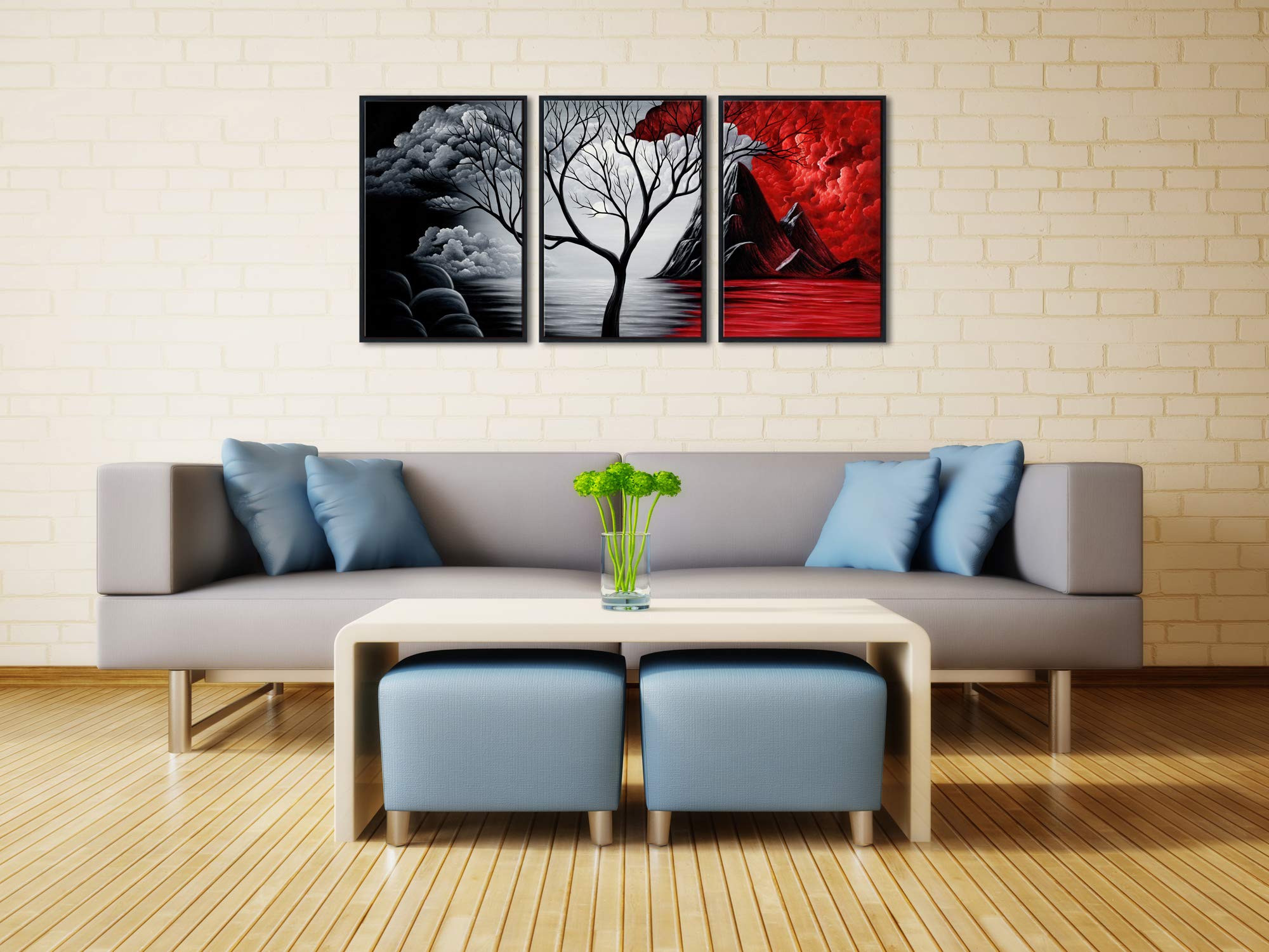 Wieco Art Large Framed Canvas Wall Art - The Cloud Tree Abstract Painting for Bedroom & Office Decor | 3-Panel Contemporary Artwork with Black Frames | Perfect for Living Room, Bedroom & Office Wall Decor