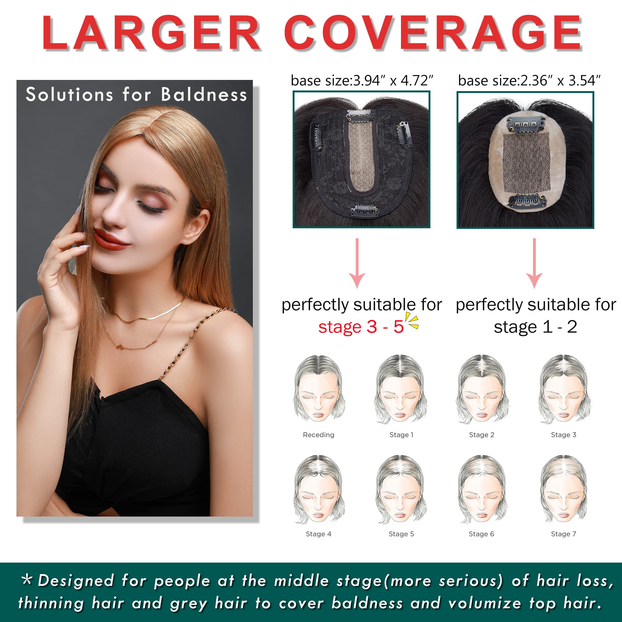 S-noilite 130% Density Human Hair Toppers for Women - Handmade Silk Base Clip-in Hairpiece for Thinning Hair & Hair Loss - 12 Inch 40g Dark Brown (#2) - Covers Gray Hair - Perfect for Daily Wear, Special Occasions & Confidence Boost