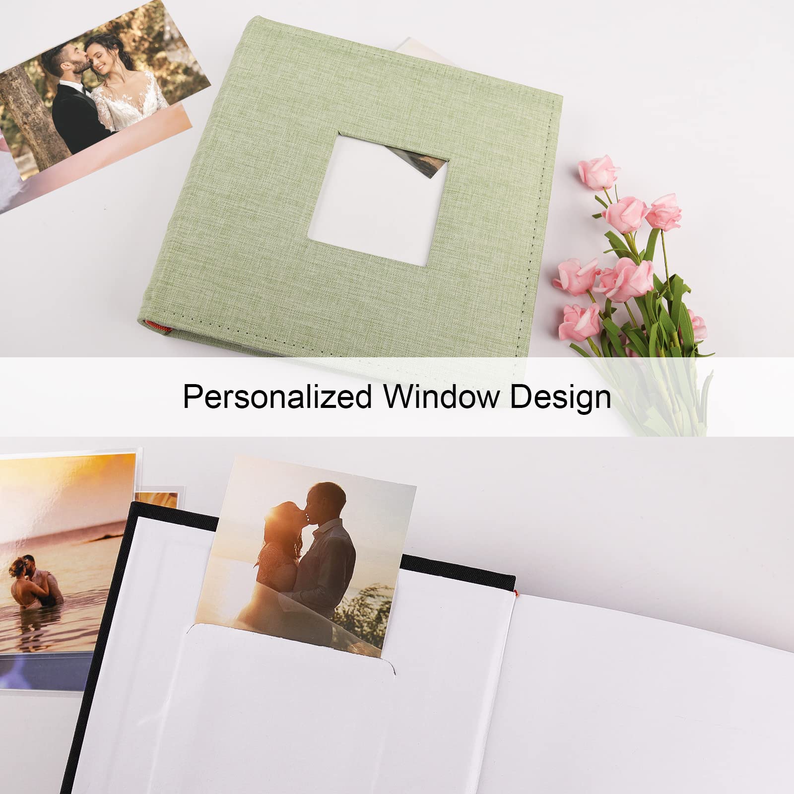 Vienrose 4x6 Photo Album - Holds 100 Pictures, Linen Frame Cover with Memo Areas, Large Capacity Slip-in Photobook for Wedding, Baby, Vacation (Light Green) | Perfect for Preserving Family Memories and Special Events