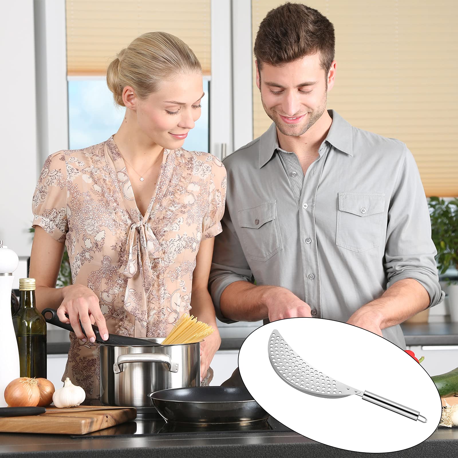 2-Pack Stainless Steel Crescent Pot Strainer with Handle - Pasta & Grease Drainer Insert for Various Pots & Pans - Perfect for Kitchen Cooking, Draining Pasta, and Frying Foods