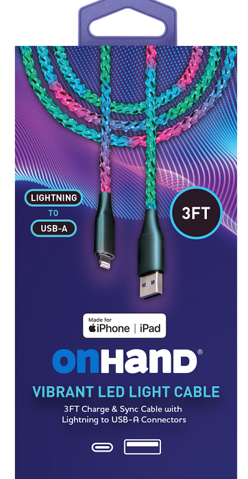 OnHand Vibrant LED 3ft Charging & Syncing Cable for iPhone iPad - Fast Charging, Data Transfer, Night Use, Travel Essential