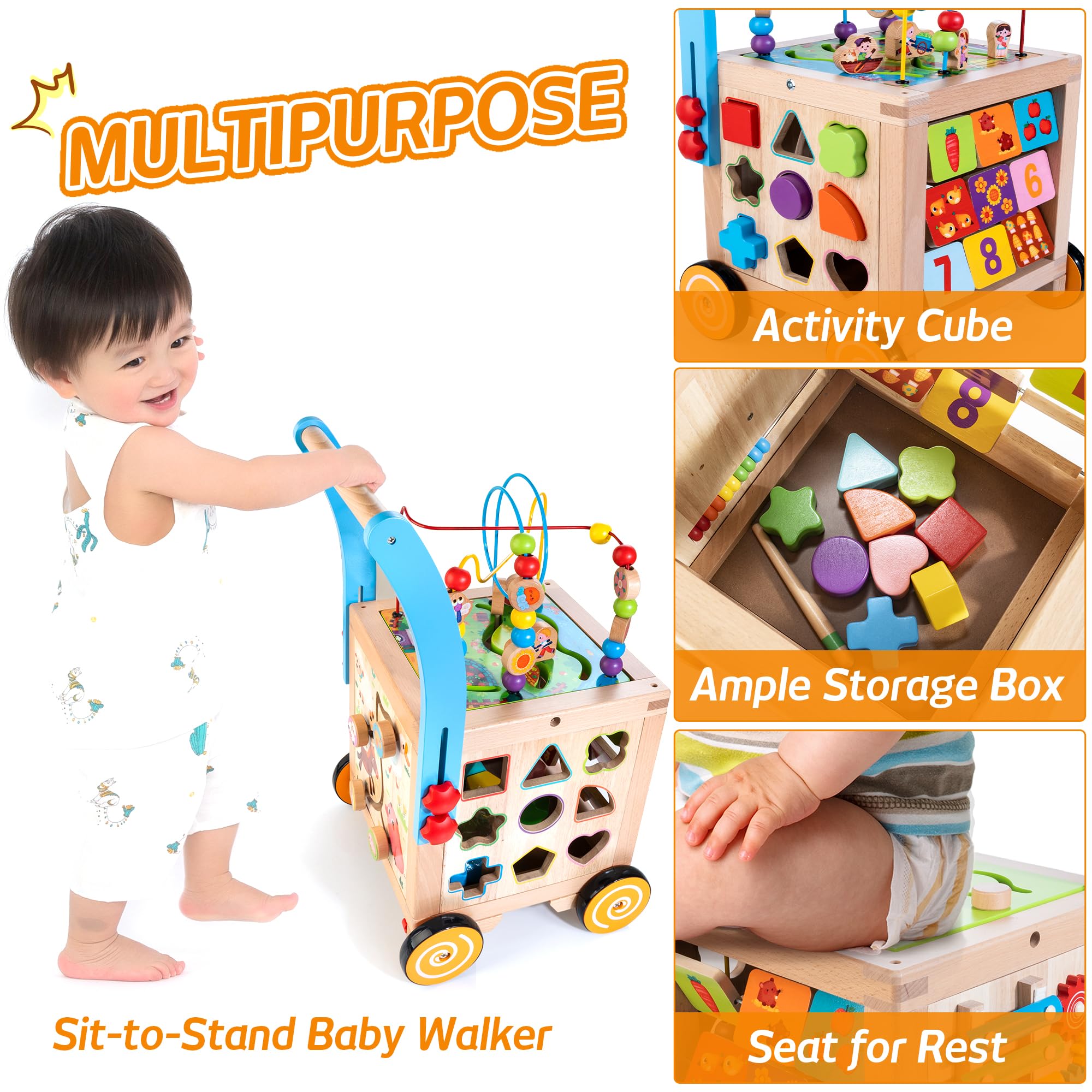 **9-in-1 Wooden Baby Walker & Activity Cube – Adjustable Sit-to-Stand Learning Toy for Toddlers, Push & Pull Early Educational Toy for Boys & Girls – Perfect for Playtime, Learning & Motor Skill Development**