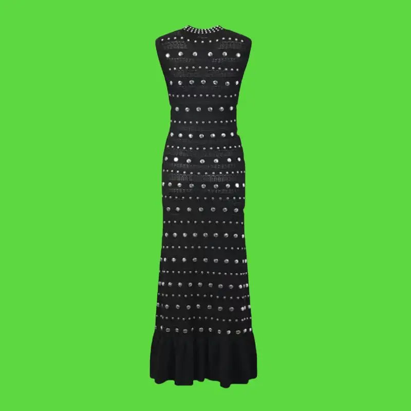 Black Diamond Sleeveless Ruffle Edge Knitted Dress for Women - Summer Red Elegant Round Neck Office Slim Wrap Hip Long Dress - Perfect for Work, Cocktail Parties & Date Nights