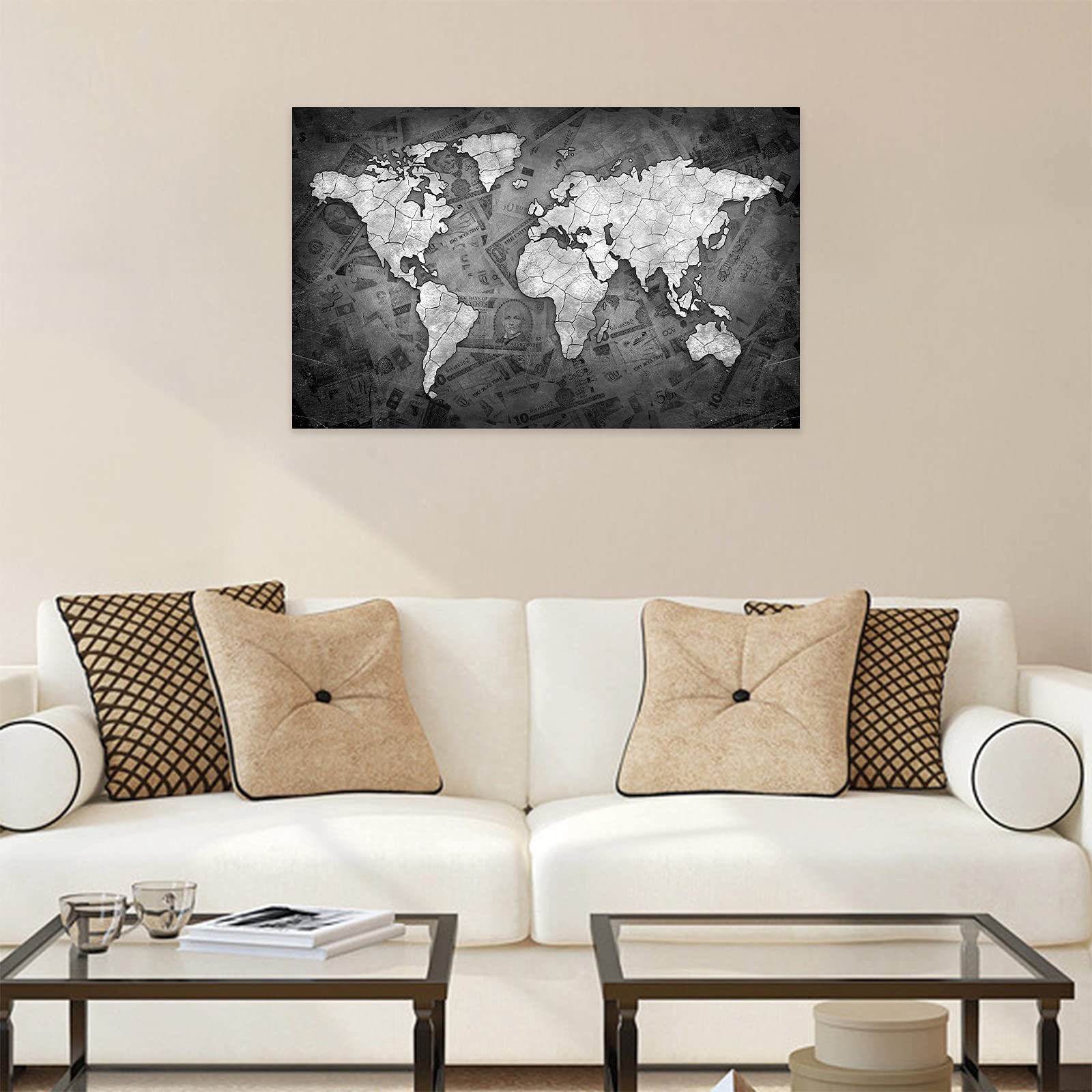 Black and White World Map Canvas Wall Art - 40x28 Inches Framed Travel Map Print for Bedroom, Home & Office Decor - Ready to Hang Beige Background Wall Art - Perfect for Travel Enthusiasts & Geography Lovers