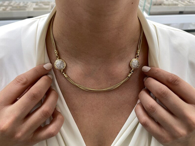 14K Solid Yellow Gold Medusa Head Triple Box Chain Necklace - 17-19 Inches, Elegant Layered Statement Jewelry for Women, Perfect for Parties, Weddings and Special Occasions