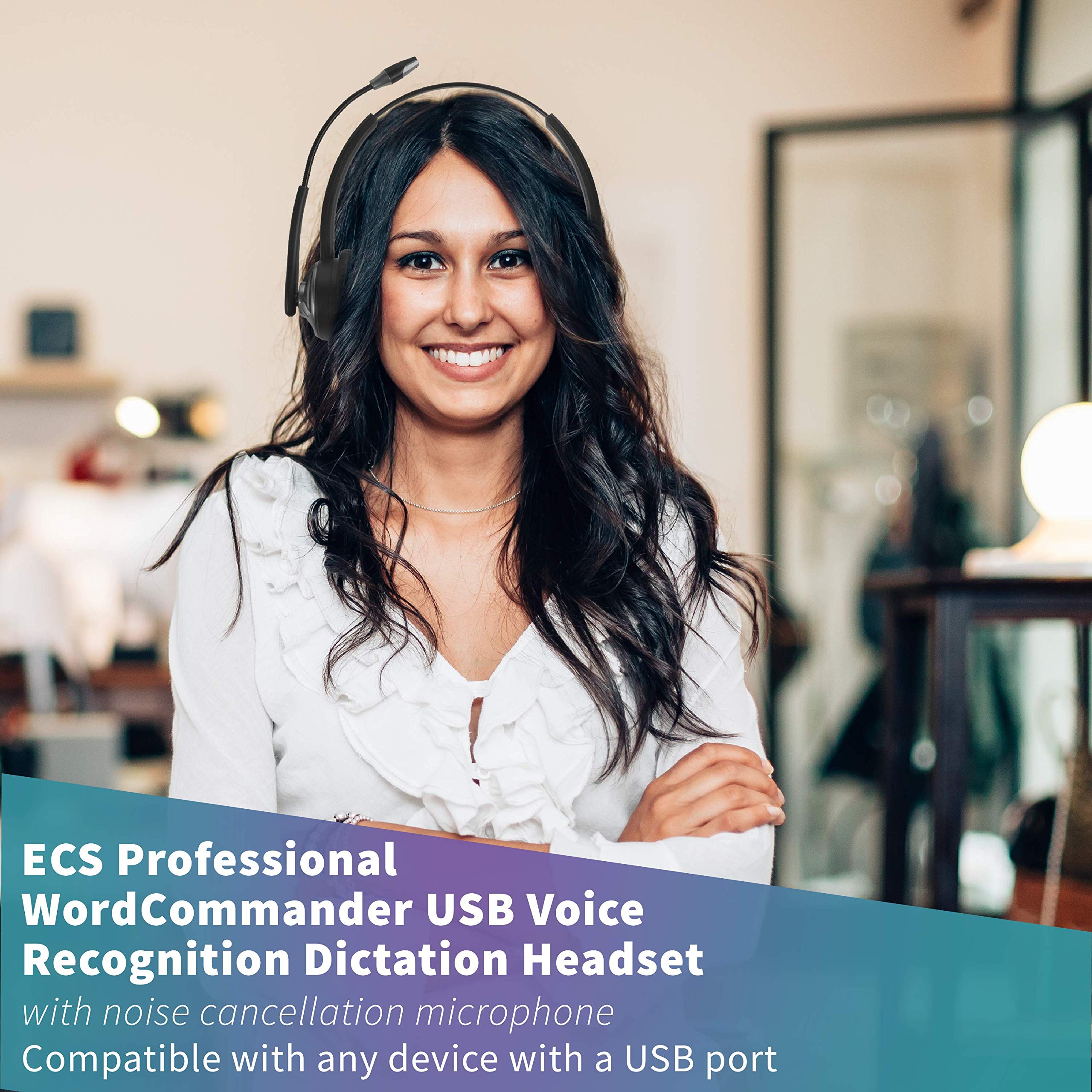 ECS WordCommander USB Voice Recognition Headset - Dual Ear Noise-Cancelling Boom Mic with Premium In-Line Sound Card & Pro-Flex Wire - Ideal for Voice-to-Text, Gaming, Call Centers & Online Meetings - Superior Audio Quality & Comfortable Fit for PC, Mac & Office Use