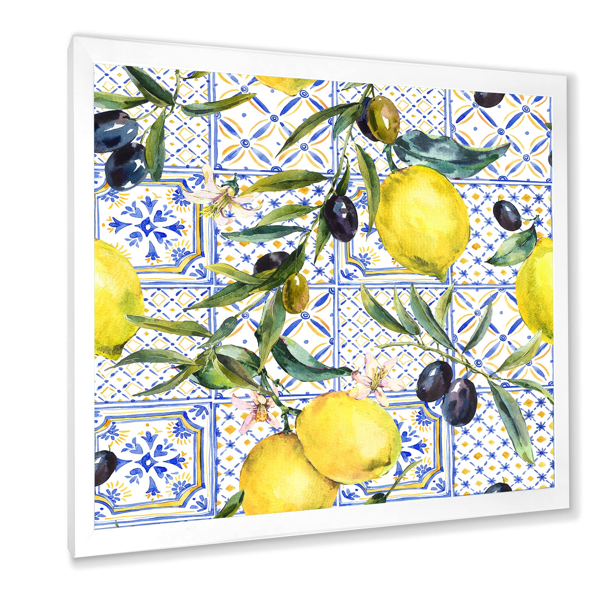 DesignQ Lemon Ornament on Blue Geometric Pattern III Tropical Framed Wall Art - Perfect for Kitchen, Bathroom, and Beach House Decor