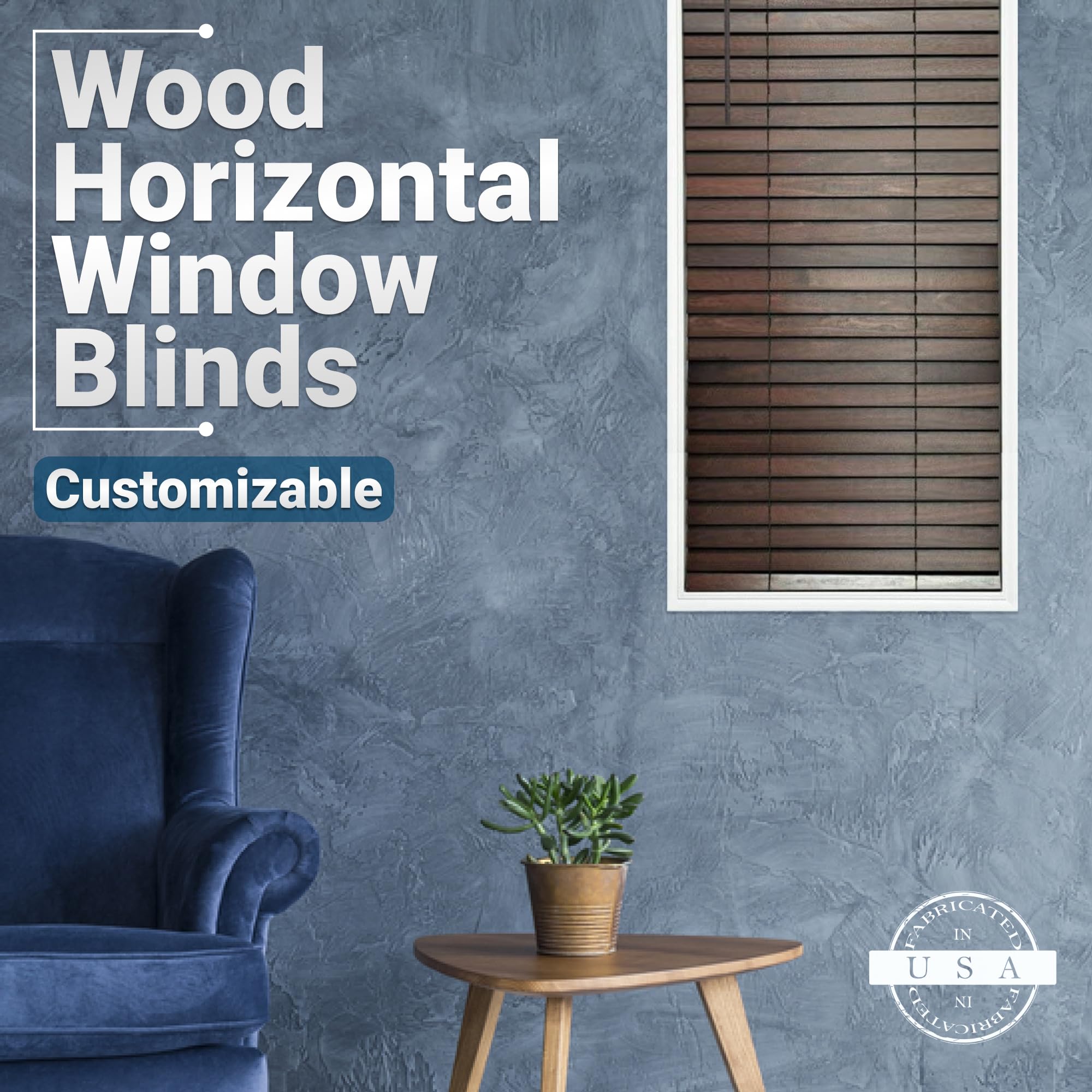 Customizable Wood Horizontal Cordless Window Blinds - 2 Inch Slats in Walnut (Medium-Dark Brown) - Inside or Outside Mount - Perfect for Living Room, Bedroom & Home Office Privacy & Light Control