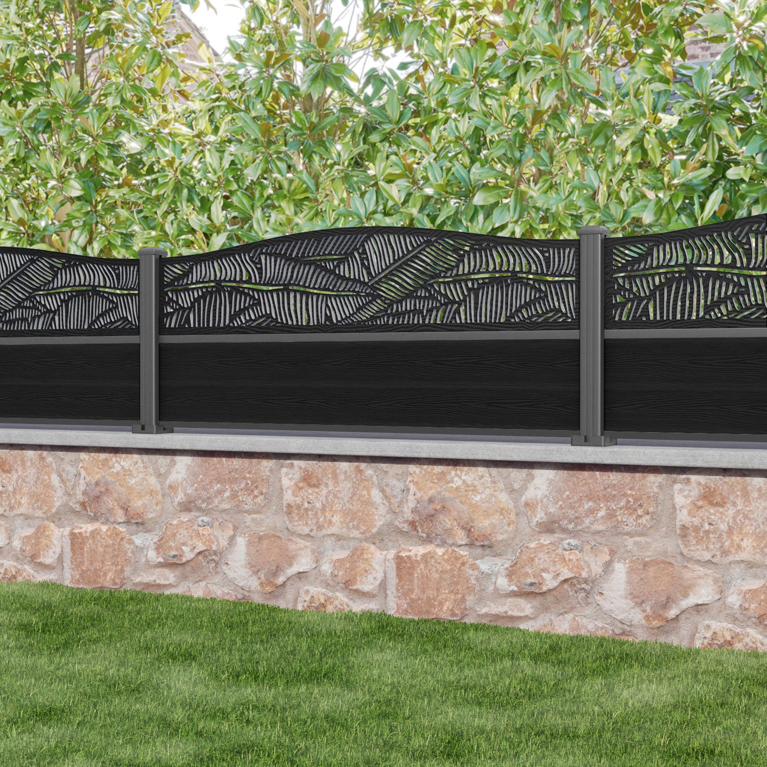 Classic Black Feather Curved Top Fence Panel with Aluminum Posts - Perfect for Garden, Patio, and Backyard Decoration