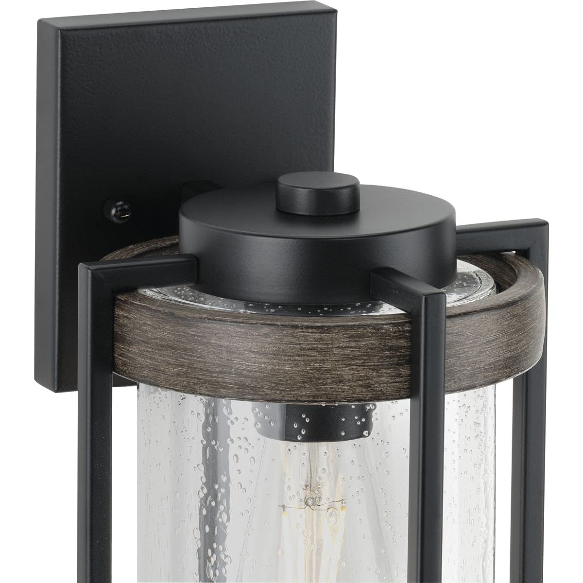 Whitmire Collection 1-Light Clear Seeded Glass Farmhouse Outdoor Wall Lantern with Aged Oak Accents in Matte Black - Perfect for Porch, Patio, Garden, and Entryway Lighting