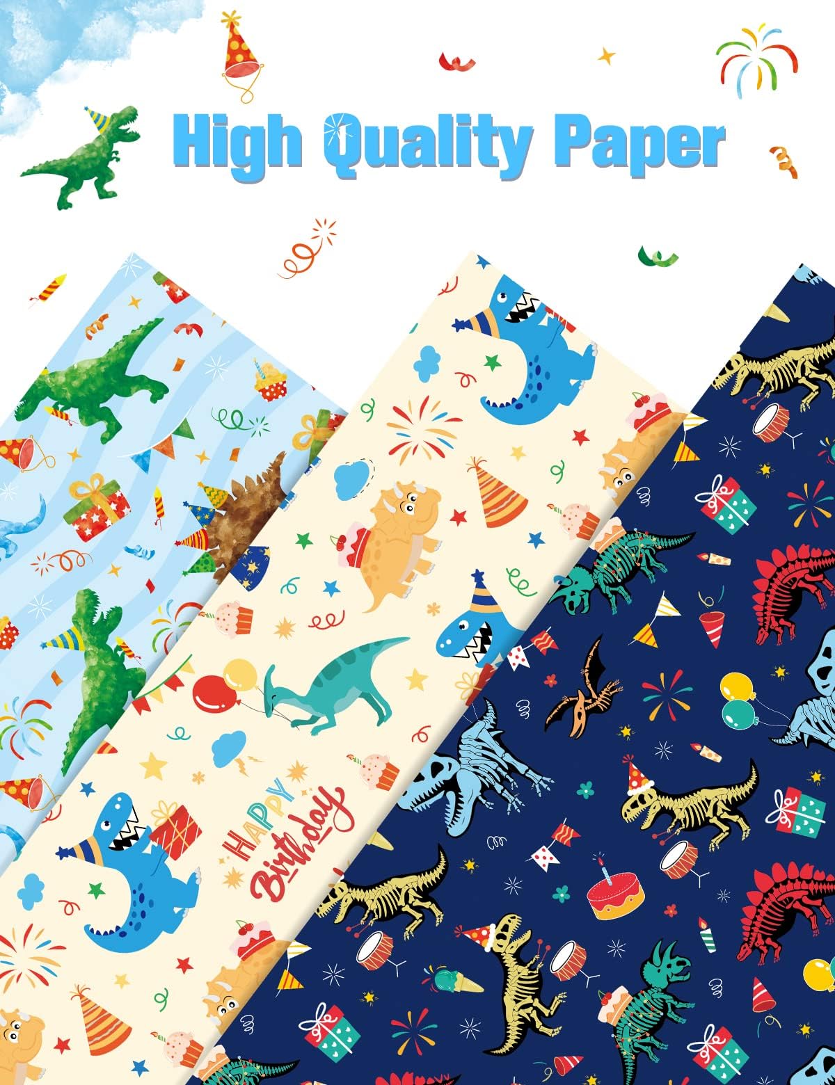 Dinosaur Wrapping Paper - 10 Sheets Dino Gift Wrap for Boys & Girls, 3 Cute Patterns (20''x27''), Perfect for Birthday Presents, Christmas Gifts & Dino Themed Parties | WERNNSAI Premium Wrapping Paper