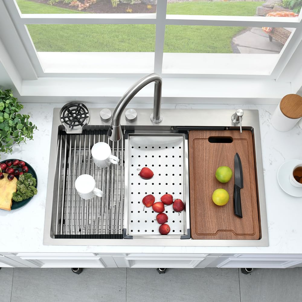 33 Inch Drop-In Waterfall Kitchen Sink with Faucet Combo - Bokaiya 33x22 Stainless Steel Single Bowl Sink, 16 Gauge, Includes Cutting Board & Workstation - Perfect for Modern Kitchens, Food Prep & Entertaining