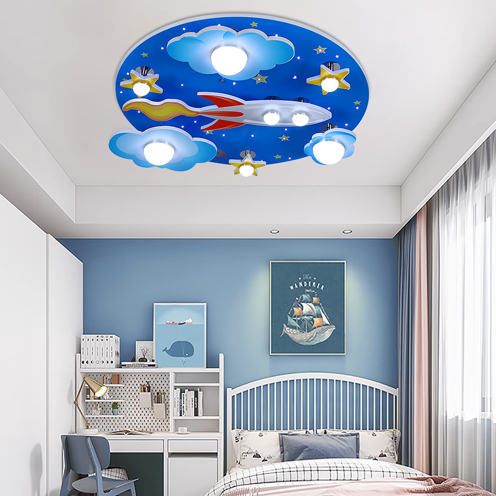 Modern Kids Ceiling Light - Dimmable LED Flush Mount Fixture with Cartoon Universe Stars Design, E27 Base, 60cm Diameter for Baby Room & Bedroom (Bulb Not Included) | Perfect Nursery Lighting & Children's Bedroom Decor