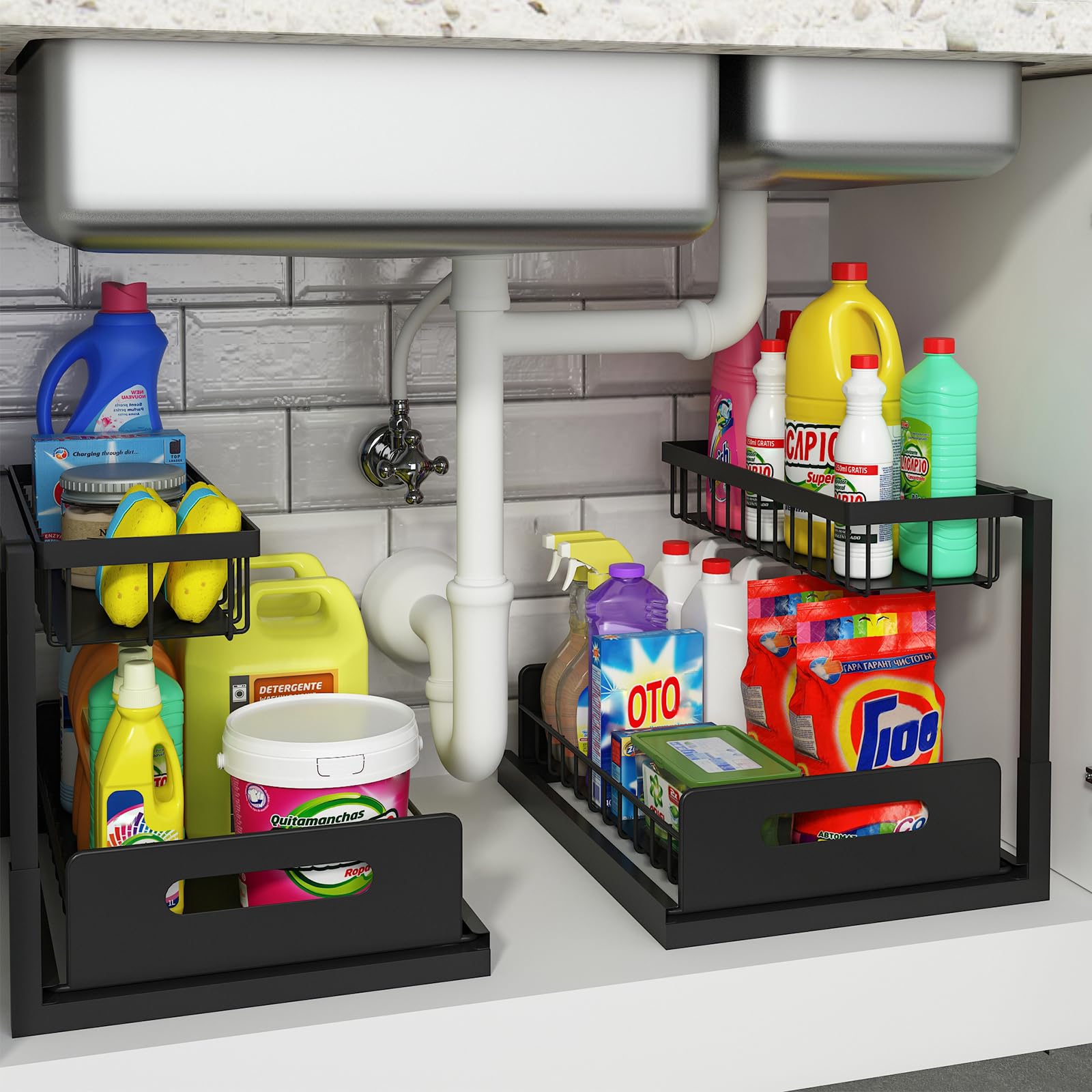 REALINN Under Sink Organizer - Pull Out Cabinet Organizer with Slide Out Shelf for Kitchen & Bathroom Storage - Space Saving Solution for Cleaning Supplies, Sponges & Toiletries - Black (2 Pack)