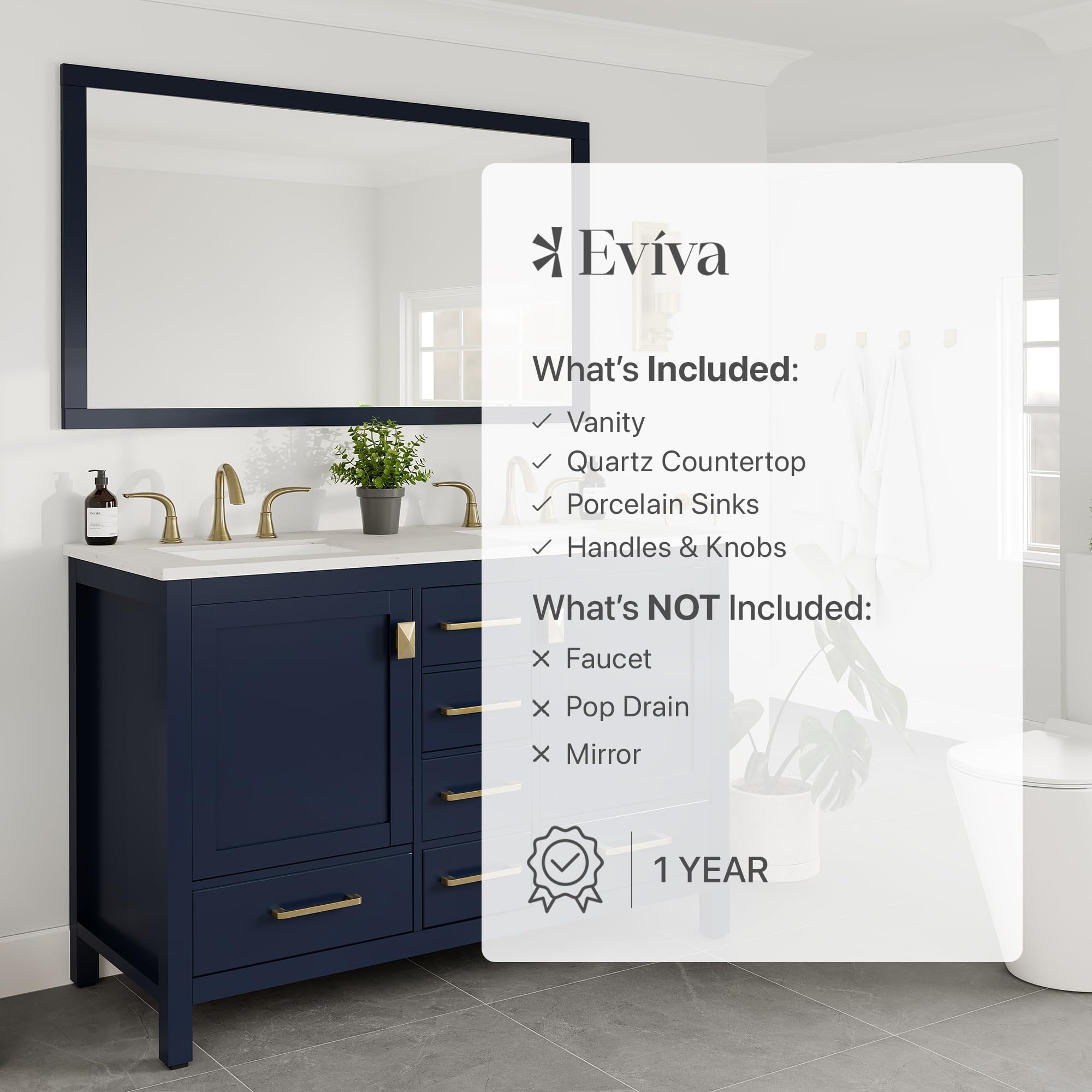 48 Inch Blue Bathroom Vanity with Carrara Quartz Top & Double Sink - Freestanding Vanity Cabinet with Spacious Storage & Wood Countertop - Perfect for Master Bathroom, Guest Bath or Powder Room Remodel