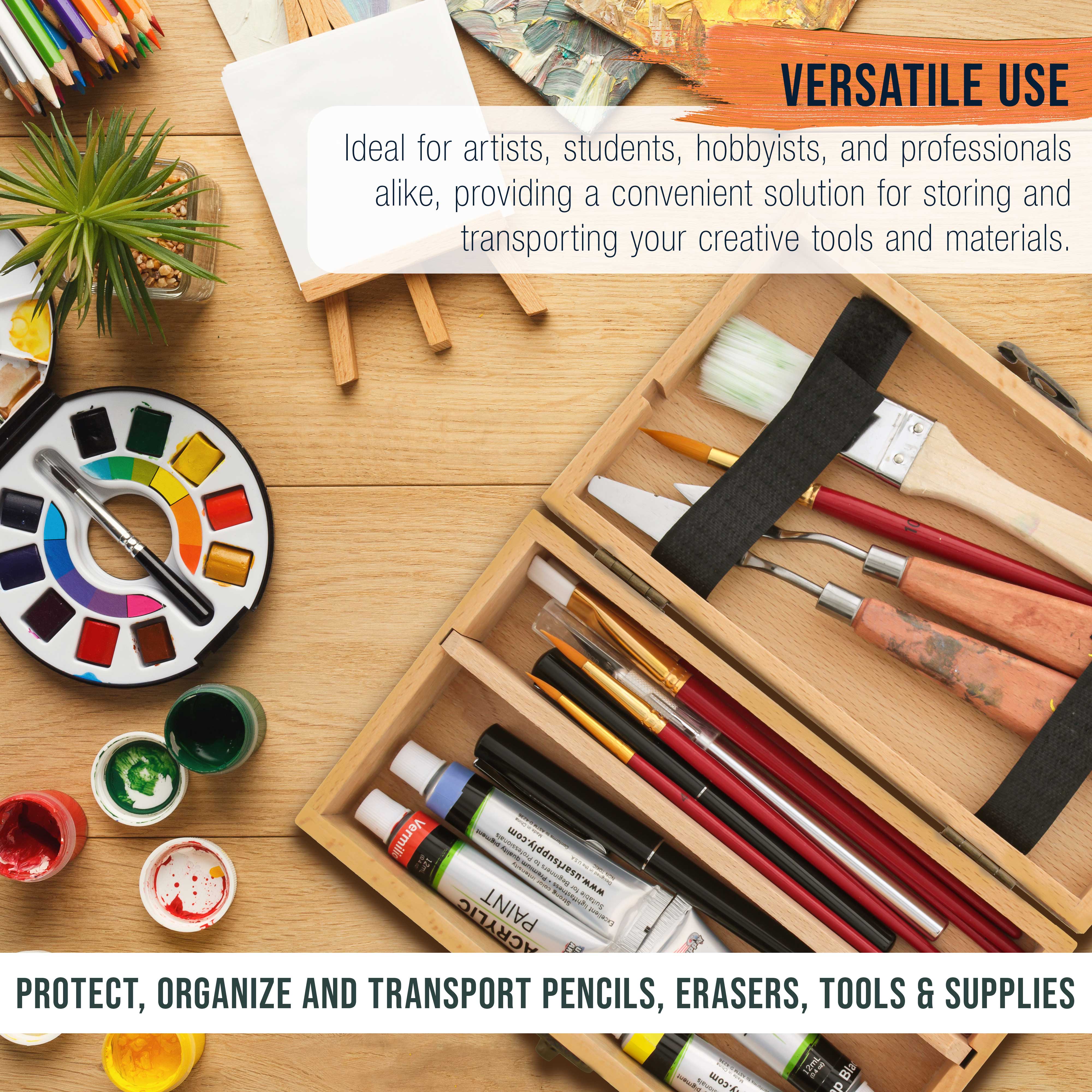 Multi-Function Unfinished Beechwood Artist Tool & Brush Storage Box with Locking Clasps - Organize & Protect Pencils, Erasers, Art Supplies - Perfect for Artists, Students & DIY Enthusiasts at Home or Studio