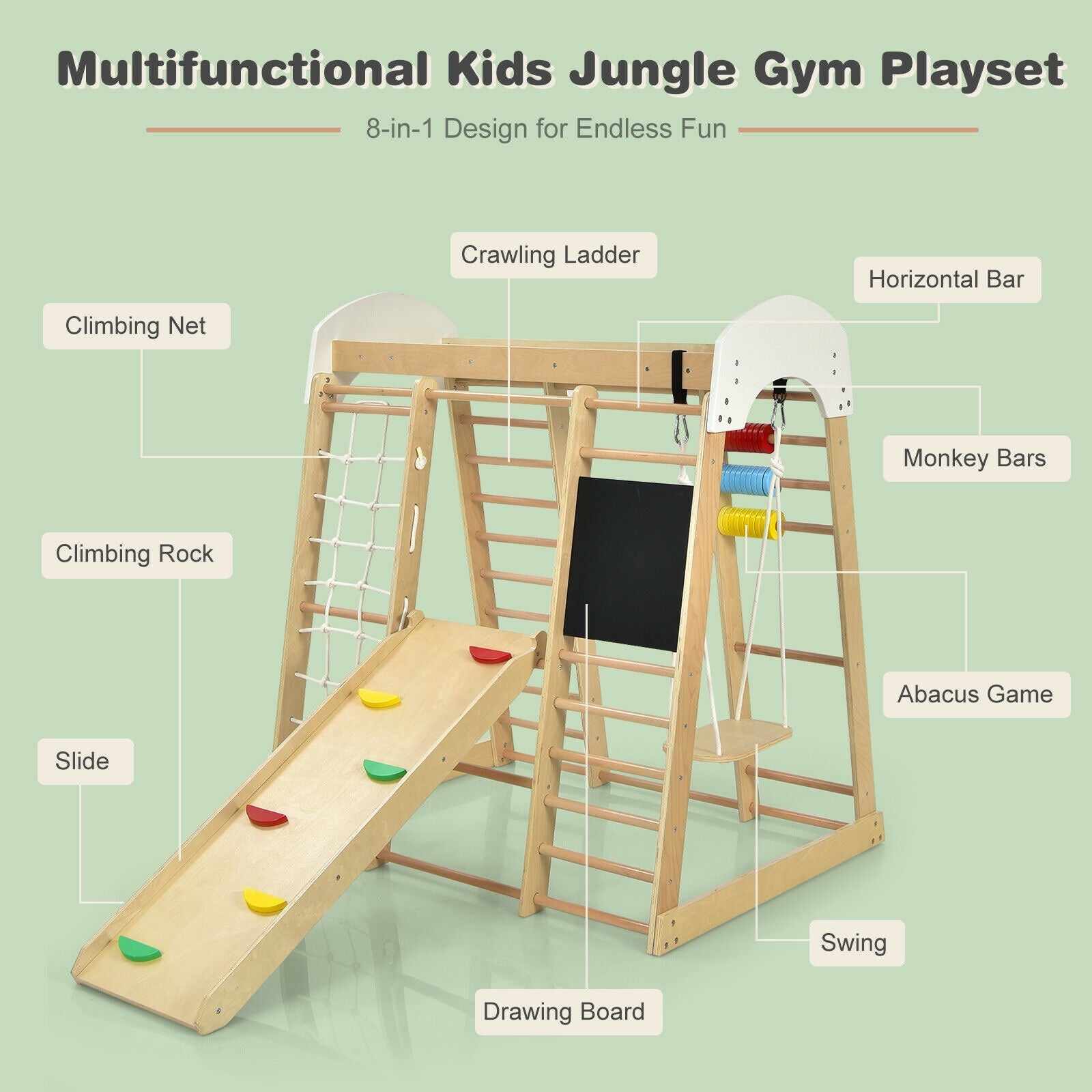 8-in-1 Natural Wooden Indoor Playground Climber Set for Kids - Toddler Climbing Gym for Home, Daycare & Preschool Play Areas