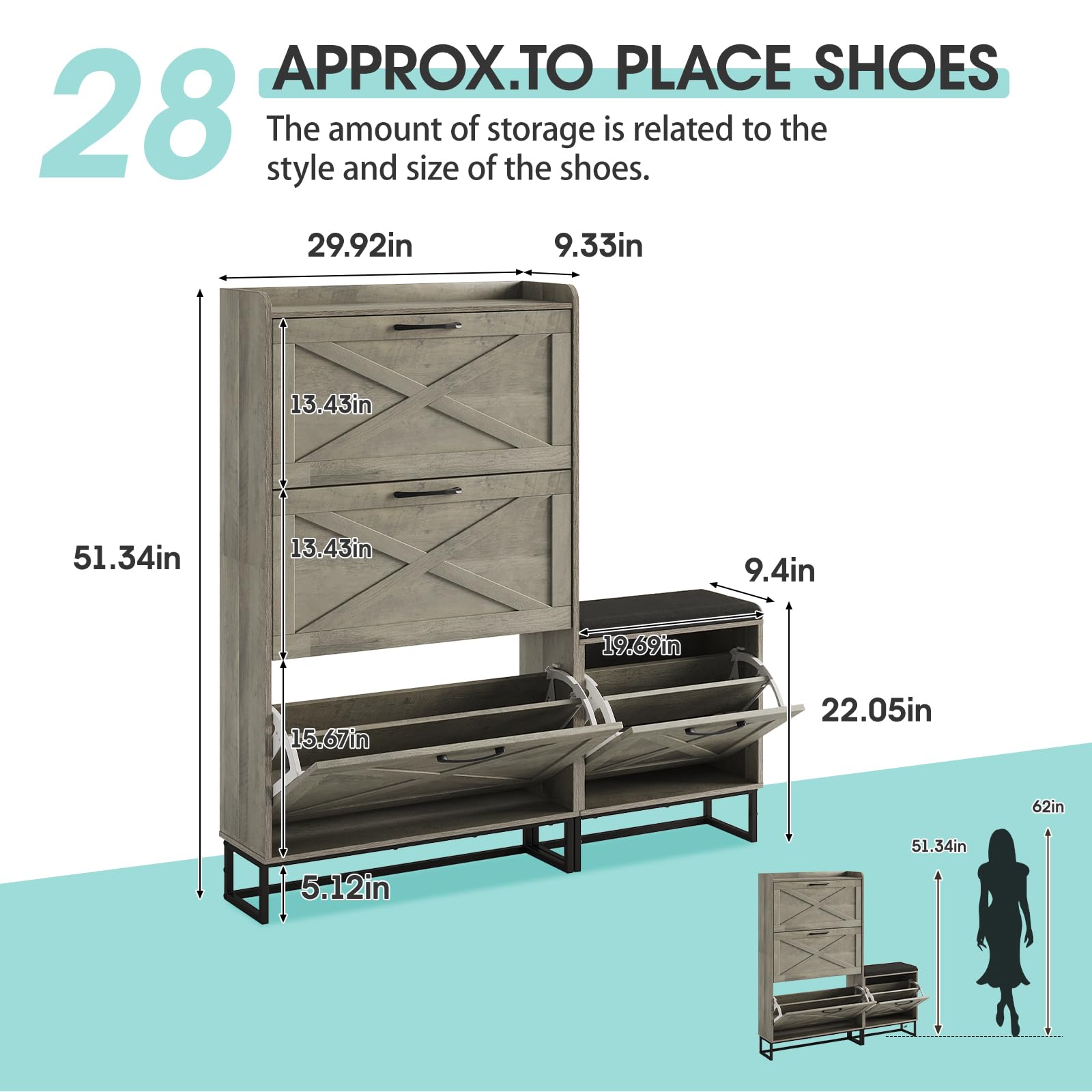 Maupvit 4-Tier Flip Drawer Shoe Storage Cabinet - Holds 28 Pairs, Entryway Shoe Bench & Hidden Organizer for Living Room, Hallway - Space-Saving Grey Shoe Rack (Perfect for Small Apartments & Cluttered Entryways)