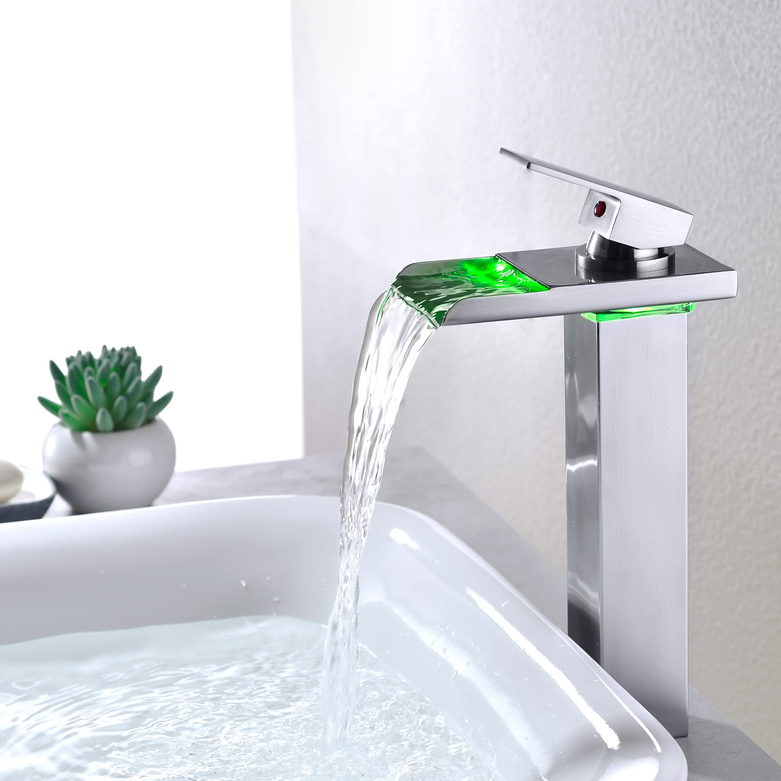Brushed Nickel LED Waterfall Bathroom Faucet - Tall Single Handle 1 Hole Sink Faucet with Brass Water Supply | Modern Bathroom Upgrade for Vanity & Powder Room