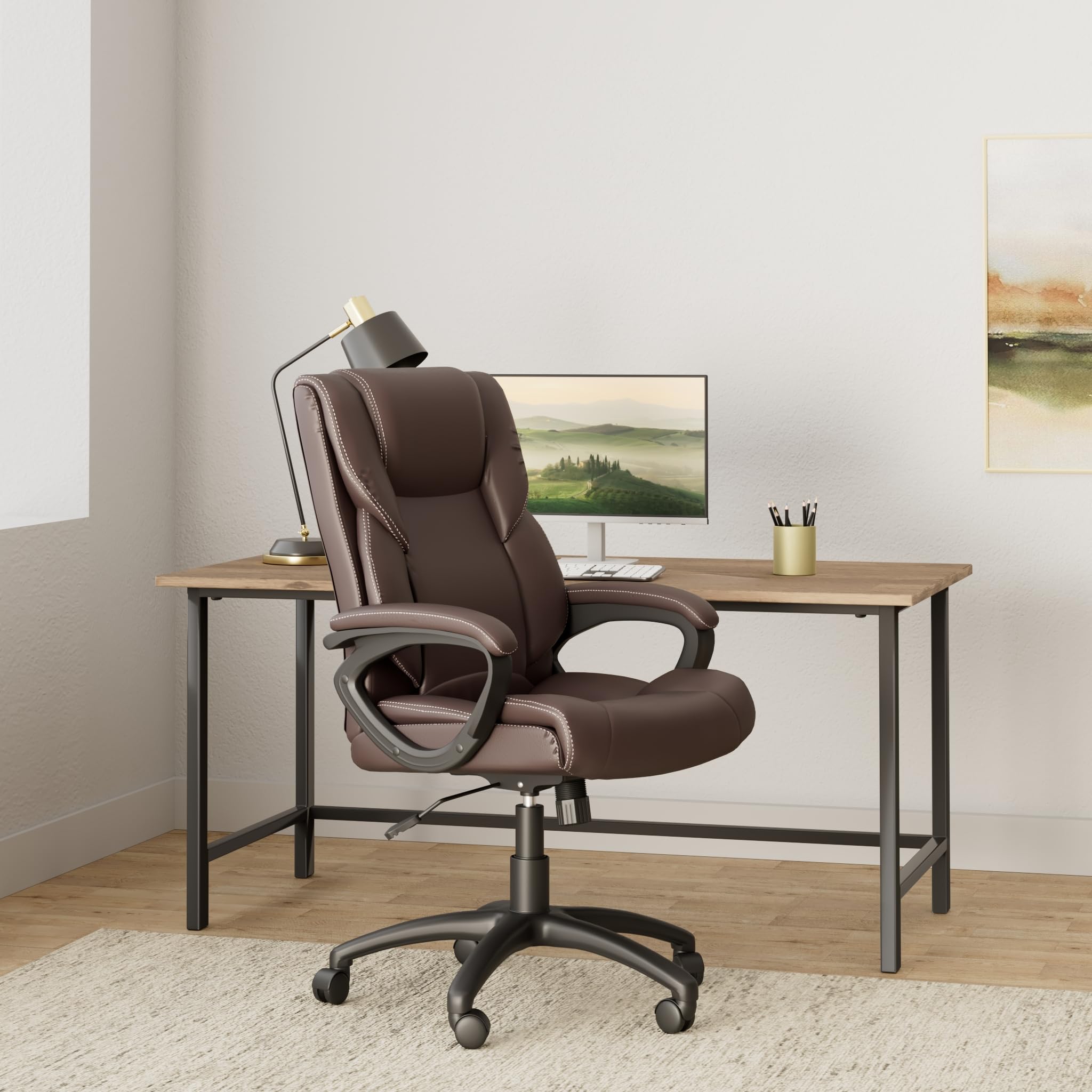 STAPLES 2554454 Kelburne Luxura Office Chair - Ergonomic Brown Leather Executive Chair for Home & Office Workspace - Perfect for Long Hours of Sitting, Meetings, and Professional Environments