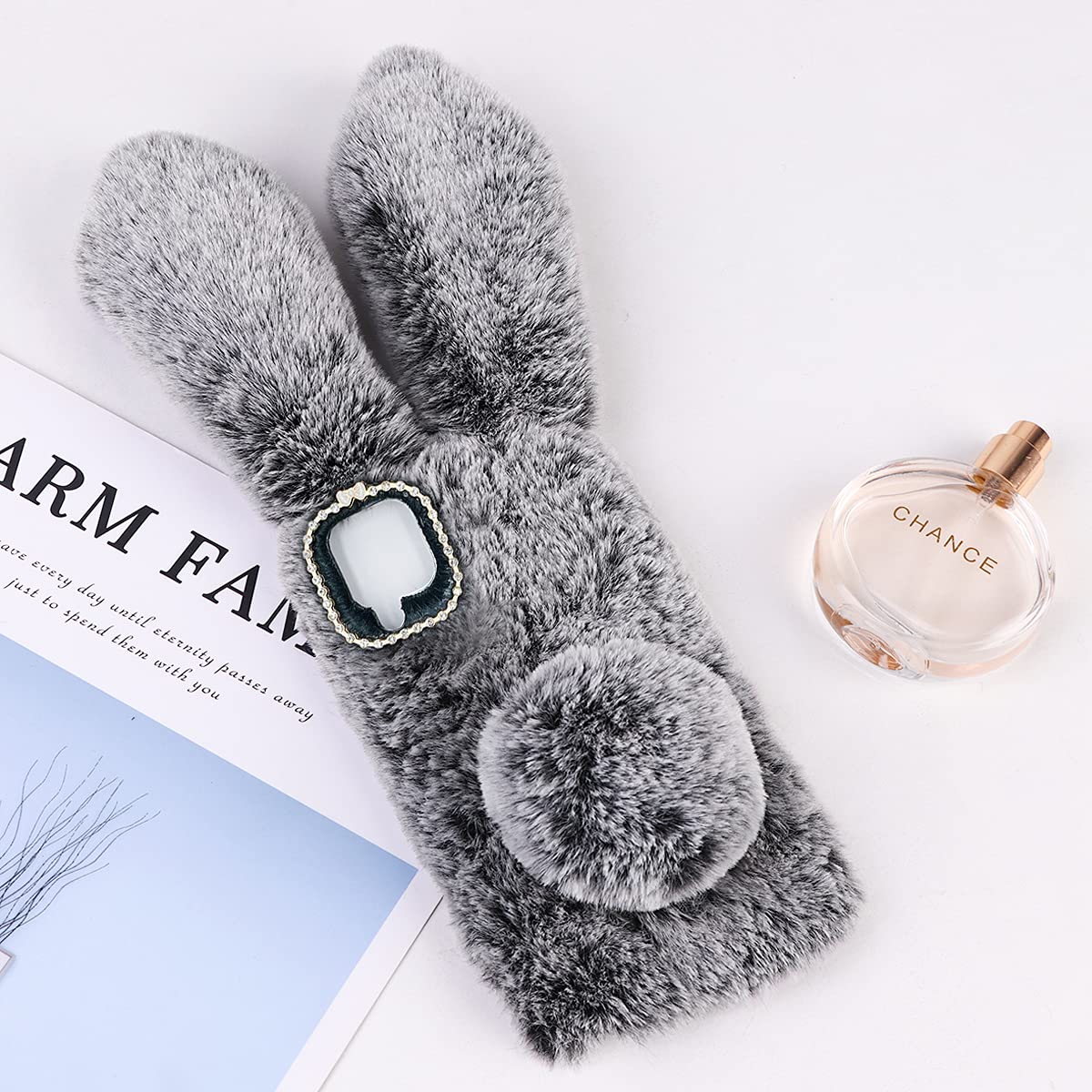 Fluffy Bunny Plush Phone Case - Soft Furry Rabbit Phone Cover for iPhone & Android, Cute Gray Cell Phone Protector for Girls & Boys | Perfect Gift for Kids, Teens & Animal Lovers