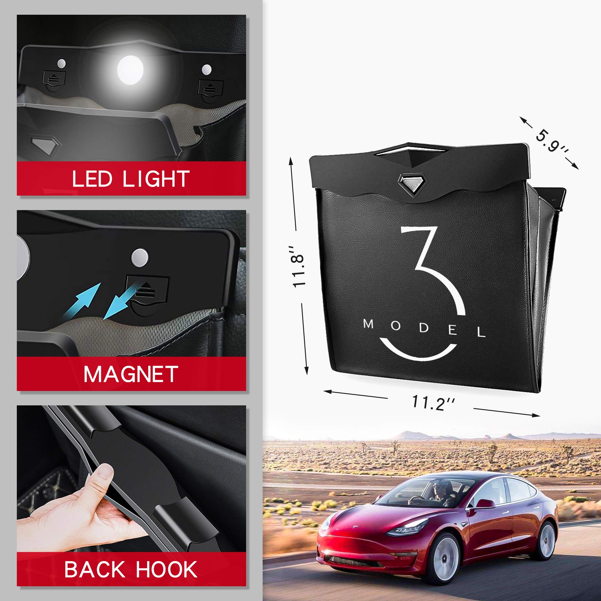 Tesla Model 3 Back Seat Trash Can with Magnetic Hanging Buckle - Waterproof Car Garbage Bag Accessories for 2016-2023 Models (2 Pack) - Perfect for Road Trips, Commuting & Keeping Your Tesla Clean