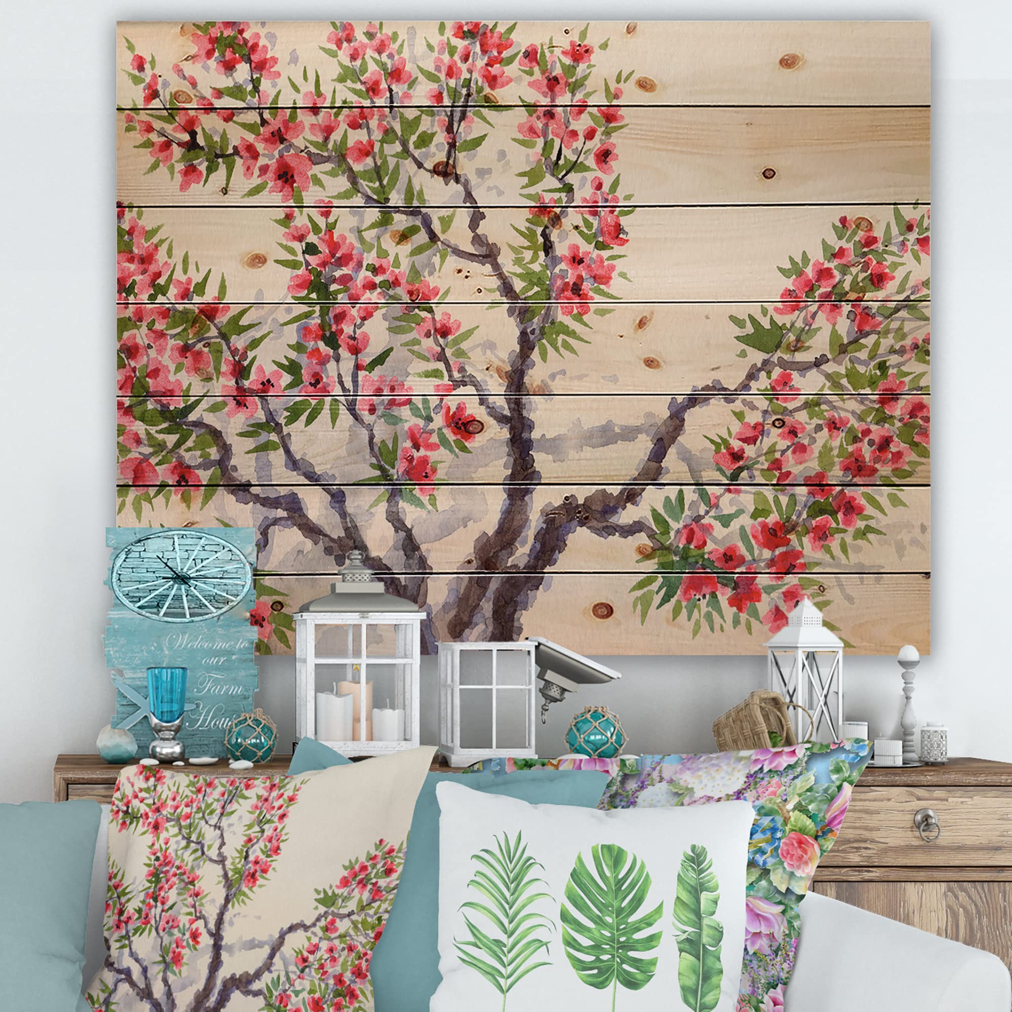 Traditional Red Blossoming Tree Floral Wood Wall Art - Large Pine Wood Wall Decor Panel for Living Room, Bedroom & Office Decoration