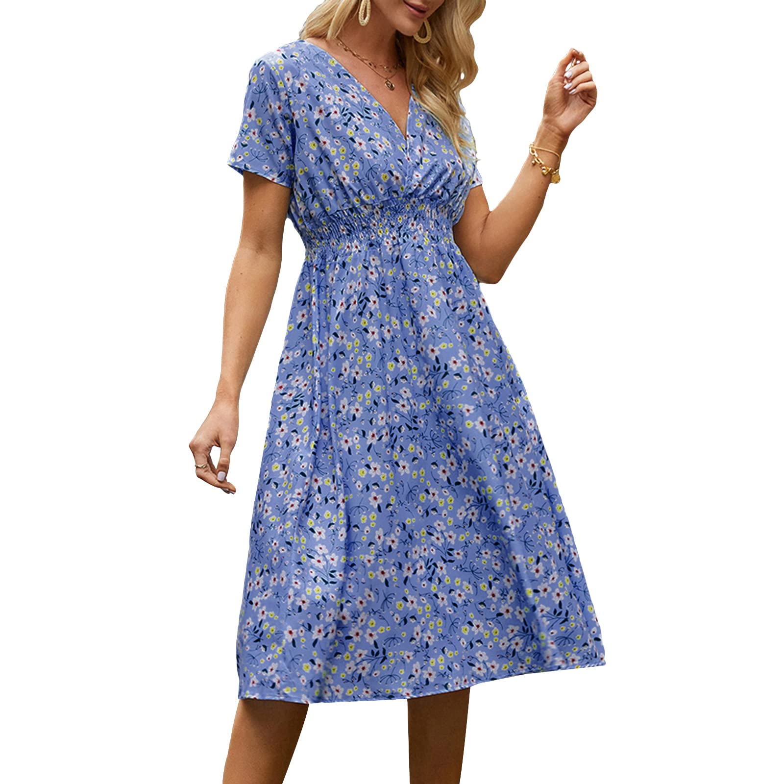 Boho Floral Summer Dress for Women - V Neck Short Sleeve Elastic Waist Midi Dress | Beach Party, Vacation, Casual Outfit, Date Night