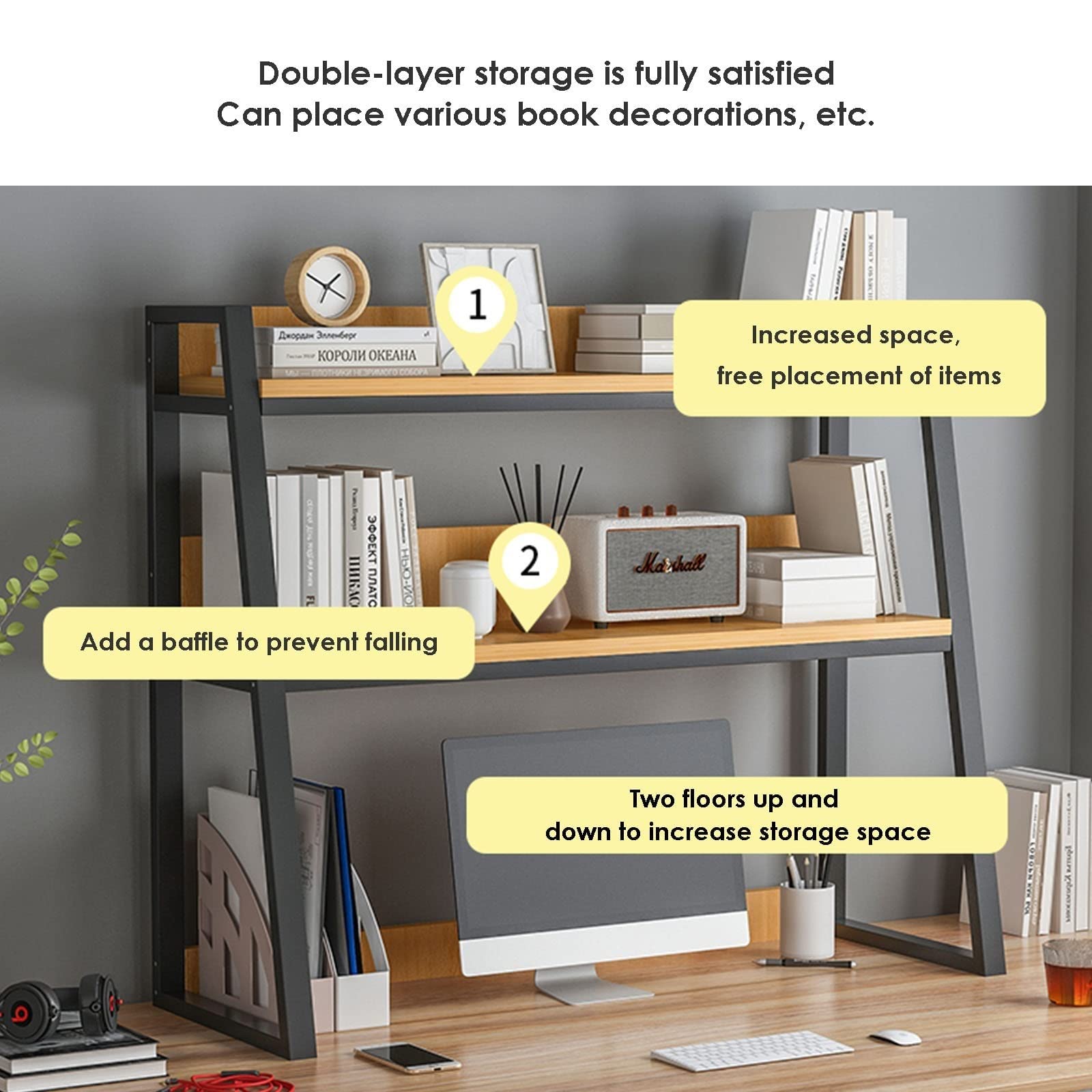 2-Tier Steel Frame Desktop Organizer Shelf - Office Desk Bookshelf, Countertop Hutch & Bookcase for Home & Office - Perfect for Books, Files, Decor & Small Items Storage